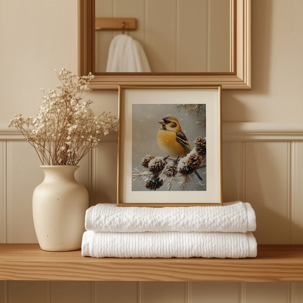 Golden Finch on Frosted Pinecone Branch Wall Art, Winter Still Life Oil Painting, Snowy Nature Scene in Classic Composition The VelvetPips Lab