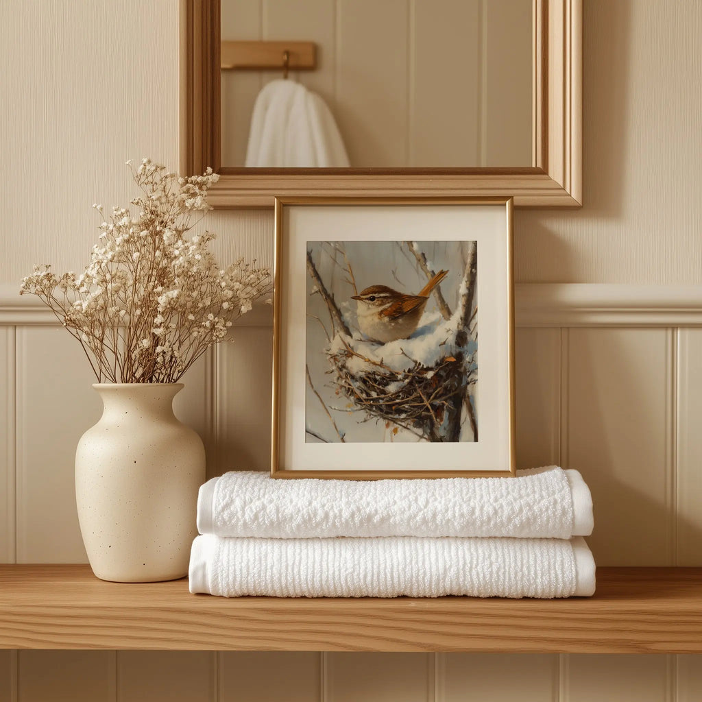 Winter Wren in Snow-Filled Nest Wall Art, Still Life Oil Painting, Peaceful Bird Scene in Bare Winter Tree The VelvetPips Lab