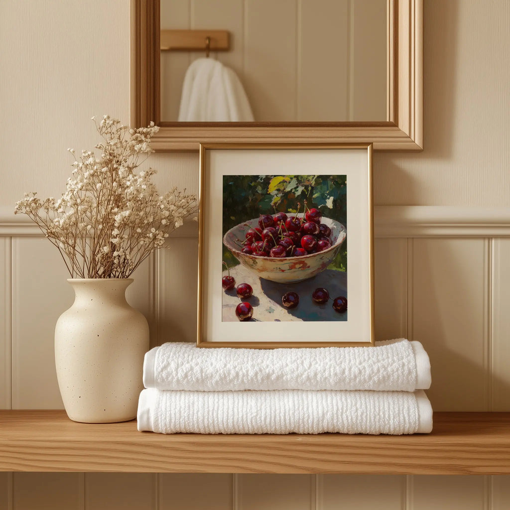Cherries in Ceramic Bowl Wall Art, Still Life Oil Painting, Rich Crimson Fruit with Sunlit Glossy Skins The VelvetPips Lab