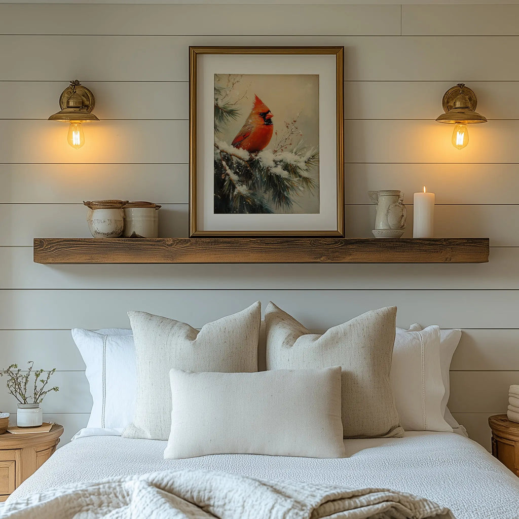 Cardinal on Snowy Pine Branch Wall Art, Winter Still Life Oil Painting, Vibrant Red Bird in Serene Forest Scene The VelvetPips Lab