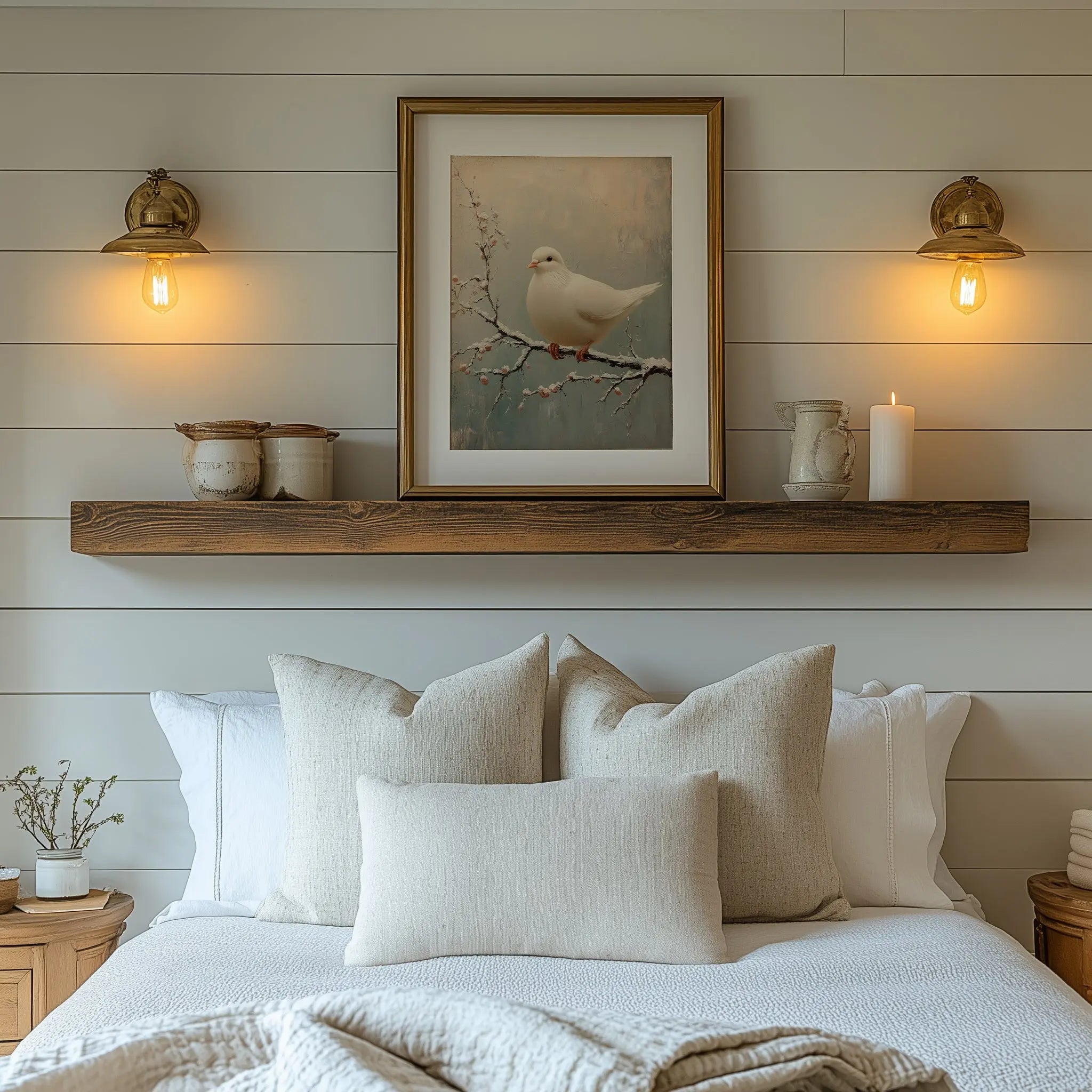 White Dove on Frosty Branch Wall Art, Minimalist Winter Oil Painting, Peaceful Bird Scene with Delicate Brush Texture The VelvetPips Lab