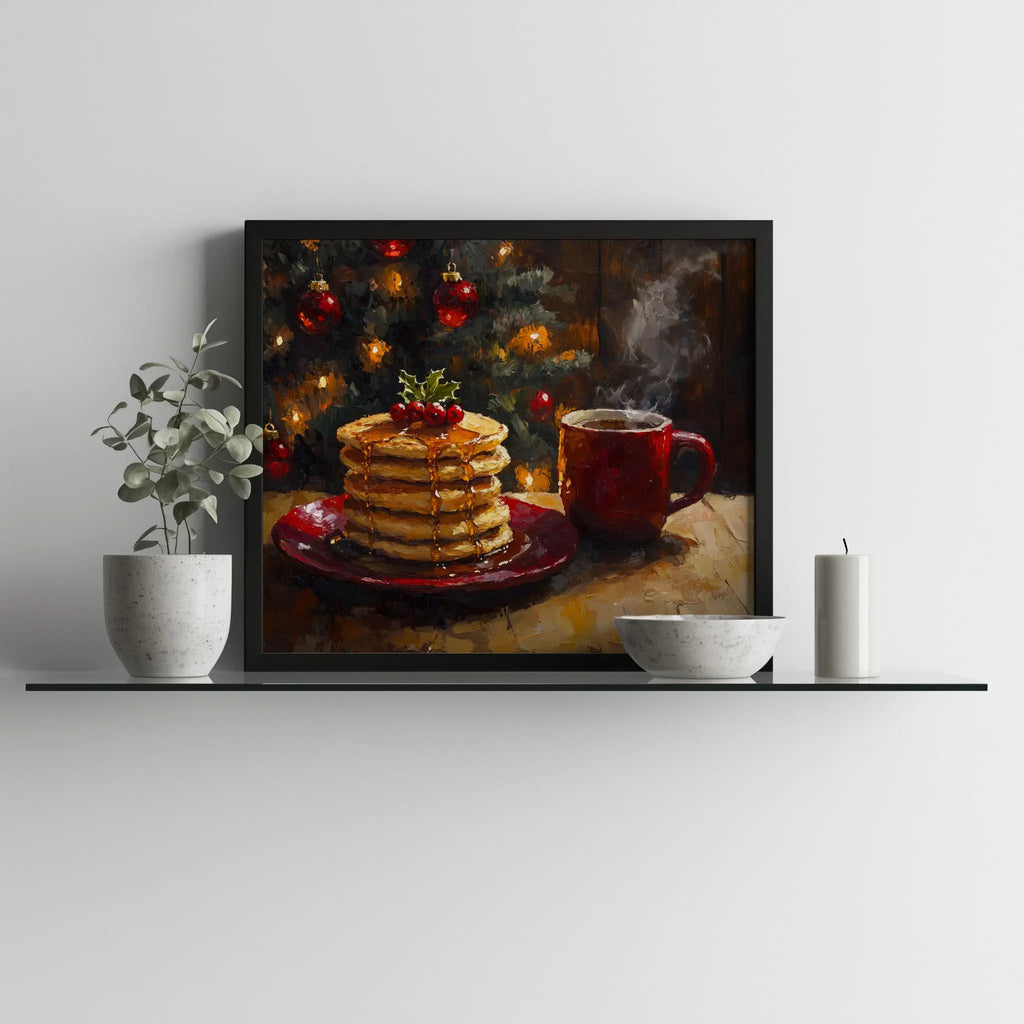 Pancakes with Honey and Coffee Wall Art, Christmas Morning Oil Painting, Cozy Holiday Kitchen Scene The VelvetPips Lab