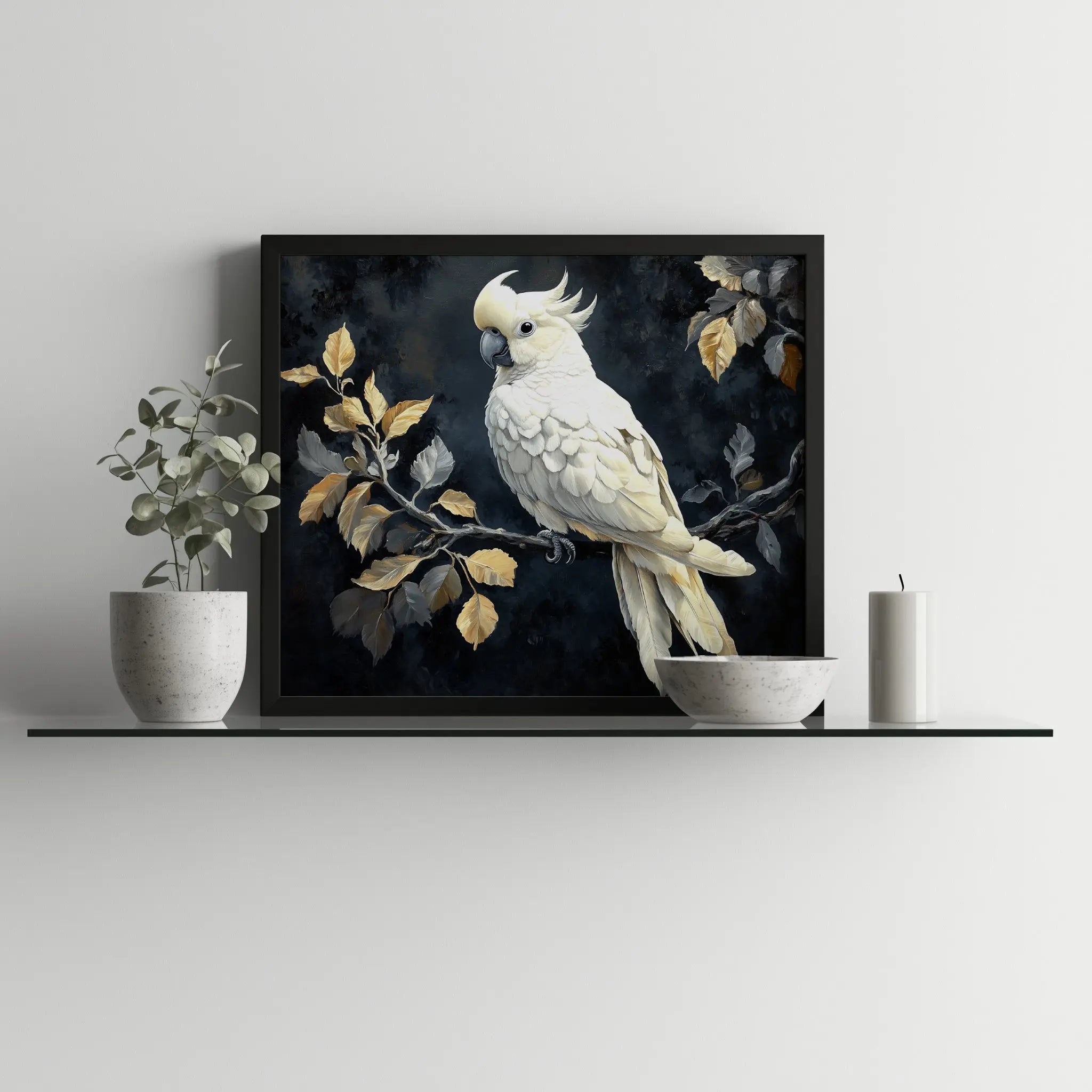 Elegant Cockatoo Wall Art, Oil Painting of White Cockatoo on Leafy Branch, Dramatic Black Background with Soft Highlights The VelvetPips Lab