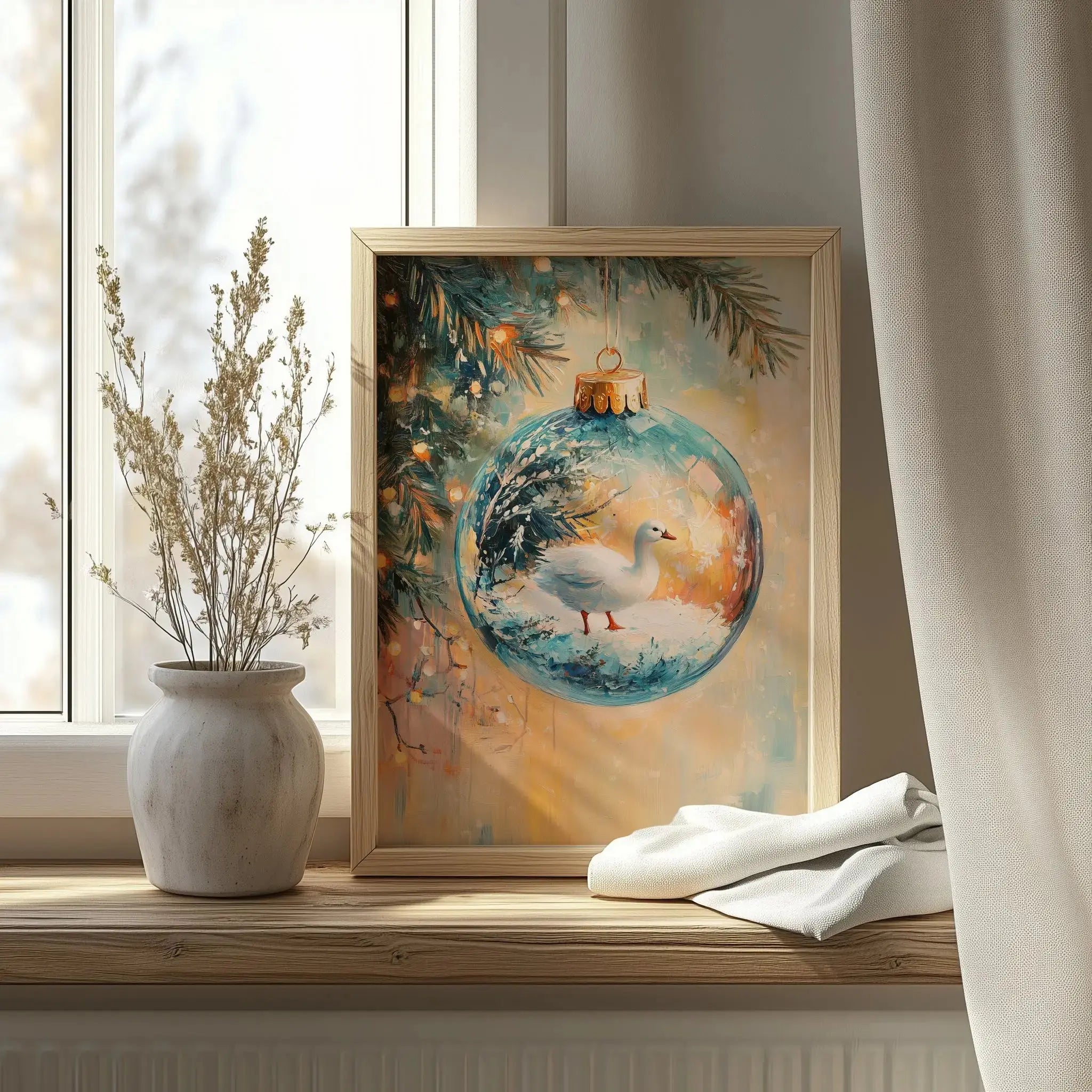 Goose Christmas Ornament Wall Art, Crystal Bauble with Snow Scene, Fairy Lights, Cozy Holiday Decor, Impressionist Printable Painting 16 The VelvetPips Lab