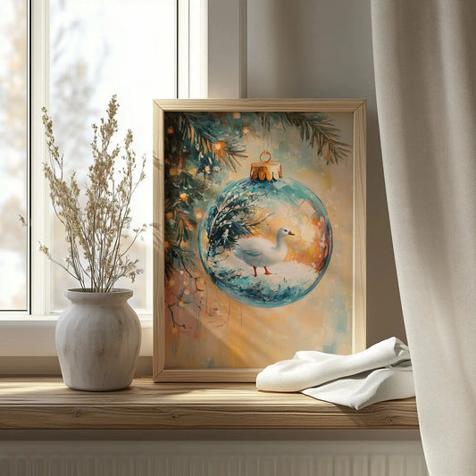 Goose Christmas Ornament Wall Art, Crystal Bauble with Snow Scene, Fairy Lights, Cozy Holiday Decor, Impressionist Printable Painting 16 The VelvetPips Lab
