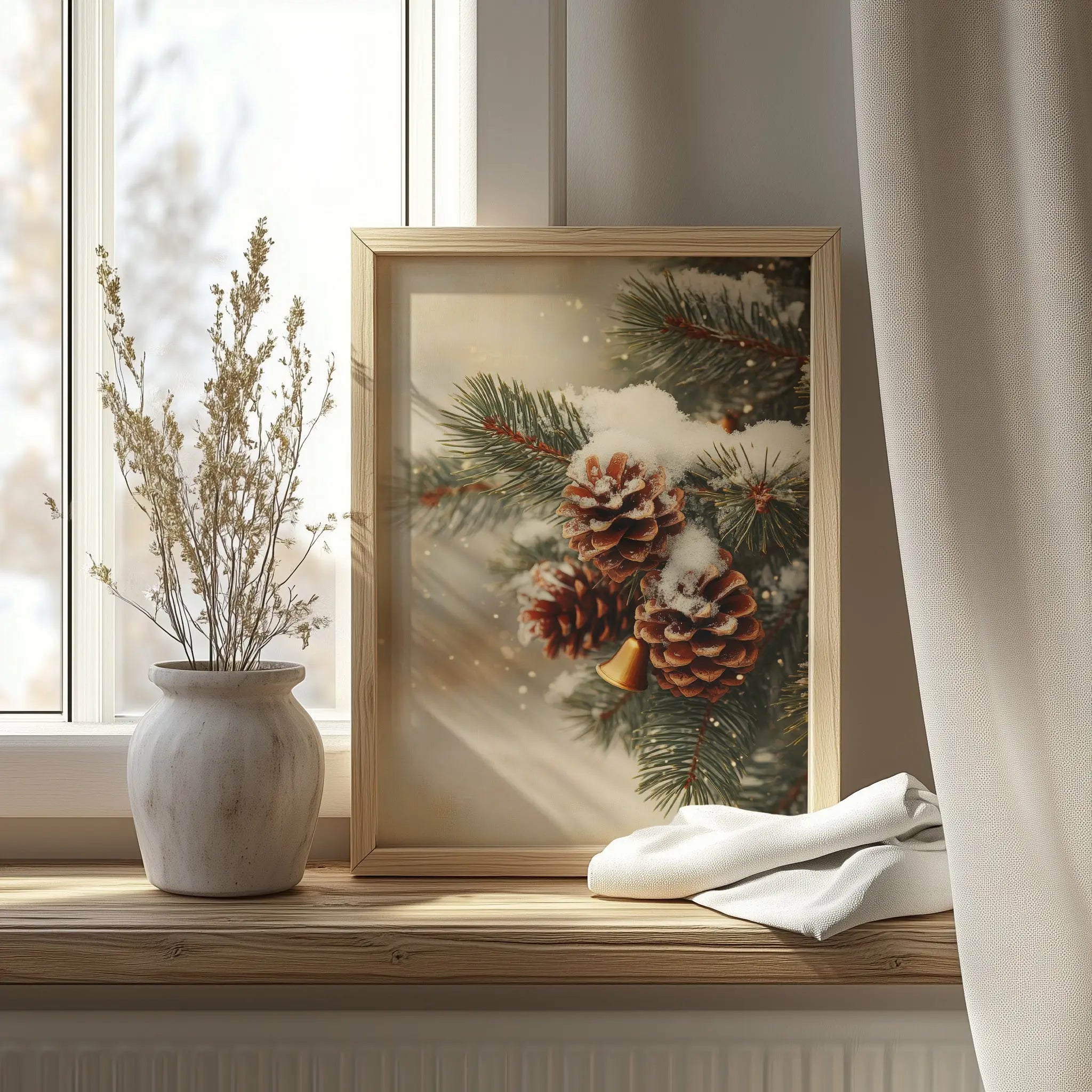 Fir Branch with Snow and Pinecones Christmas Wall Art, Vintage Holiday Oil Painting, Golden Bells and Red Ribbon, Cozy Festive Scene The VelvetPips Lab