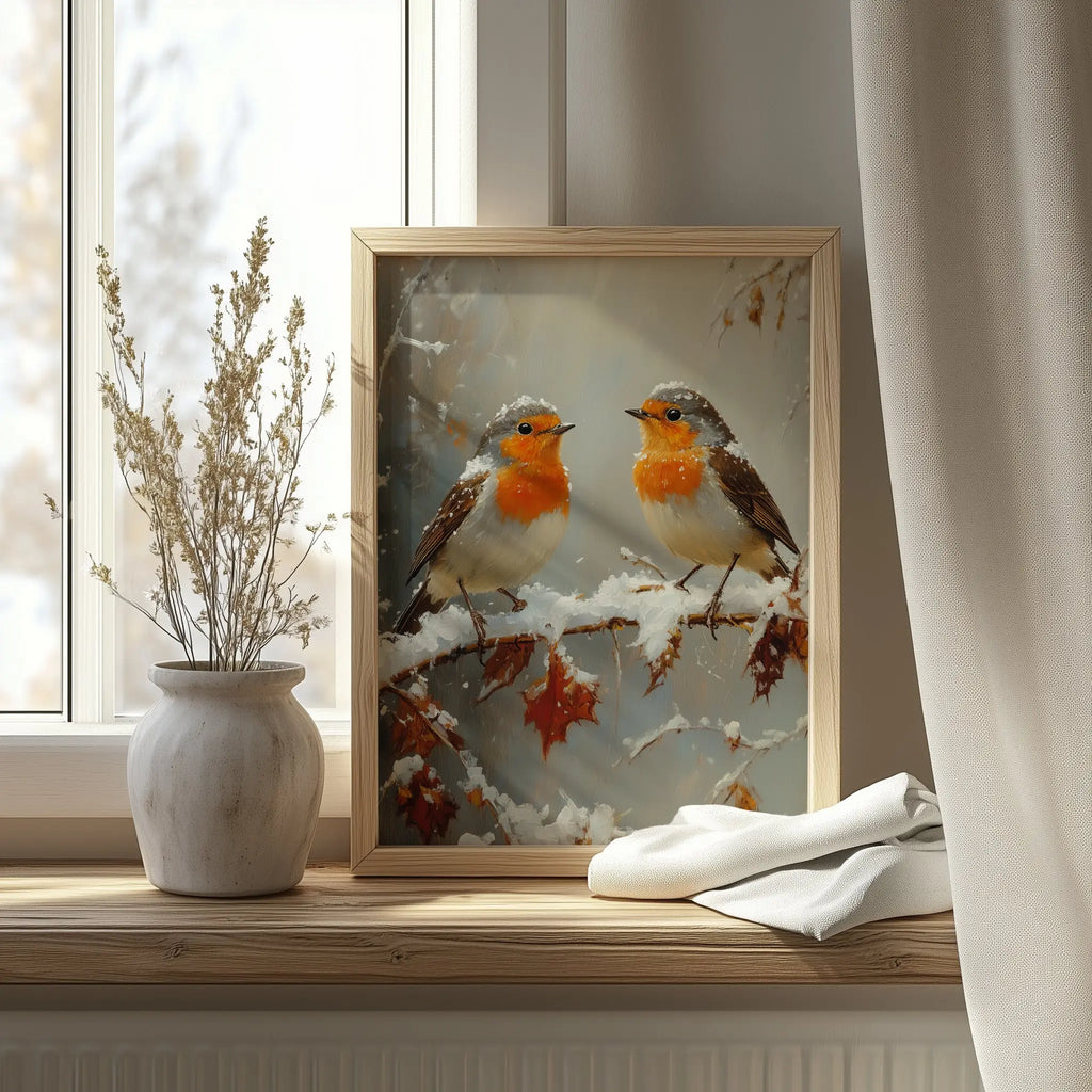 Pair of Robins on Frosty Branch Wall Art, Winter Still Life Oil Painting, Snowy Garden Scene with Peaceful Holiday Ambiance The VelvetPips Lab