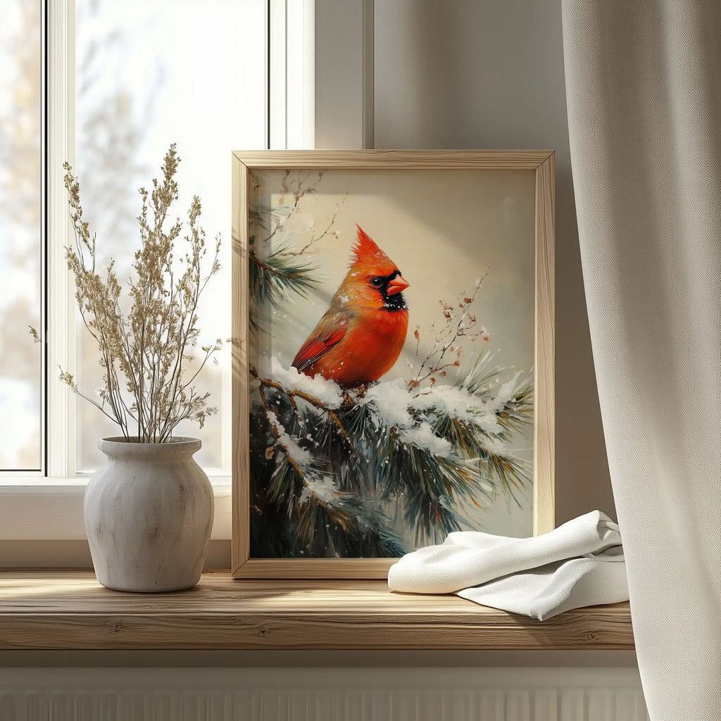 Cardinal on Snowy Pine Branch Wall Art, Winter Still Life Oil Painting, Vibrant Red Bird in Serene Forest Scene The VelvetPips Lab