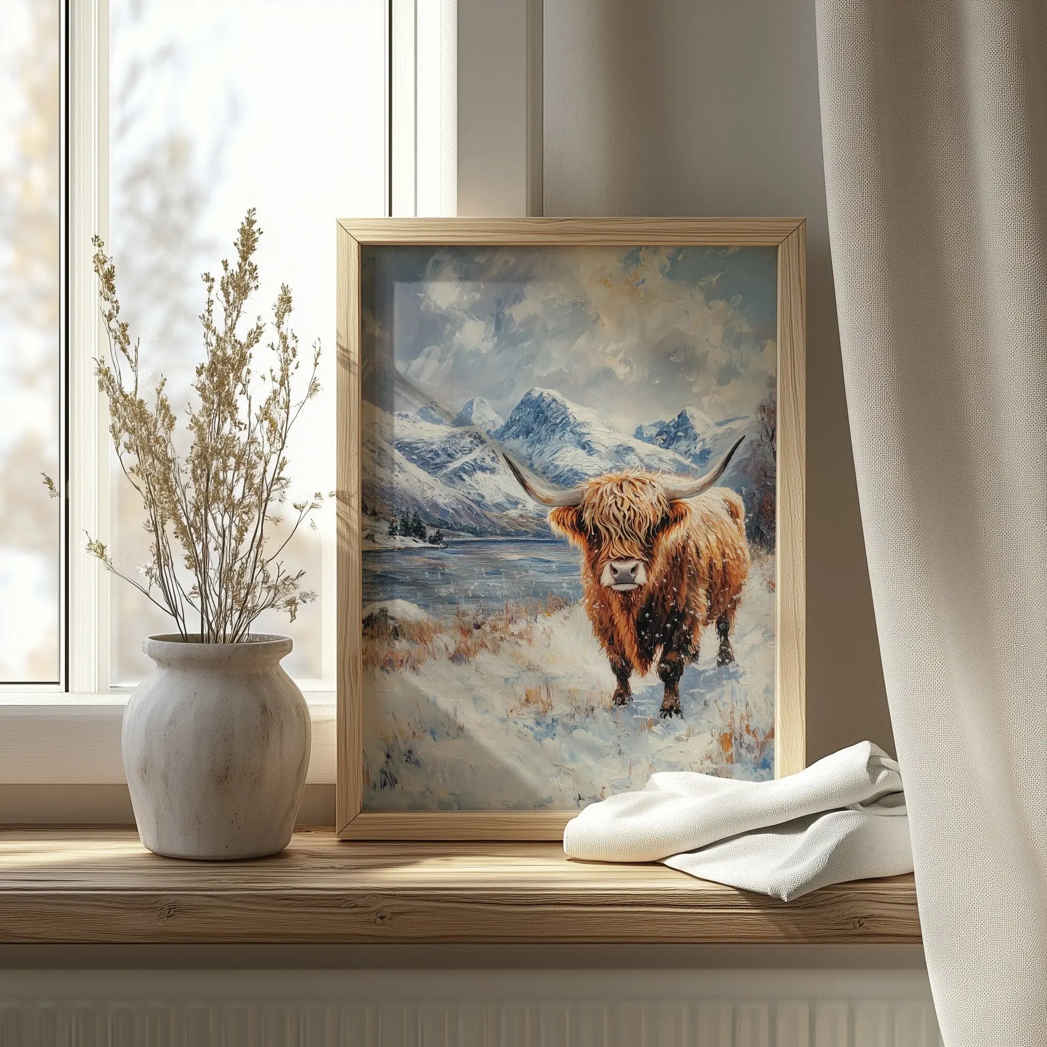 Scottish Highland Cow in Winter Wall Art, Oil Painting of Snowy Meadow and Rugged Mountains, Rustic Farmhouse Animal Print The VelvetPips Lab