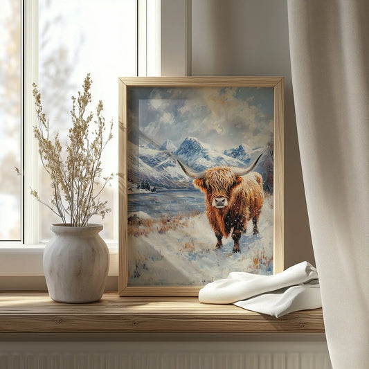 Scottish Highland Cow in Winter Wall Art, Oil Painting of Snowy Meadow and Rugged Mountains, Rustic Farmhouse Animal Print The VelvetPips Lab