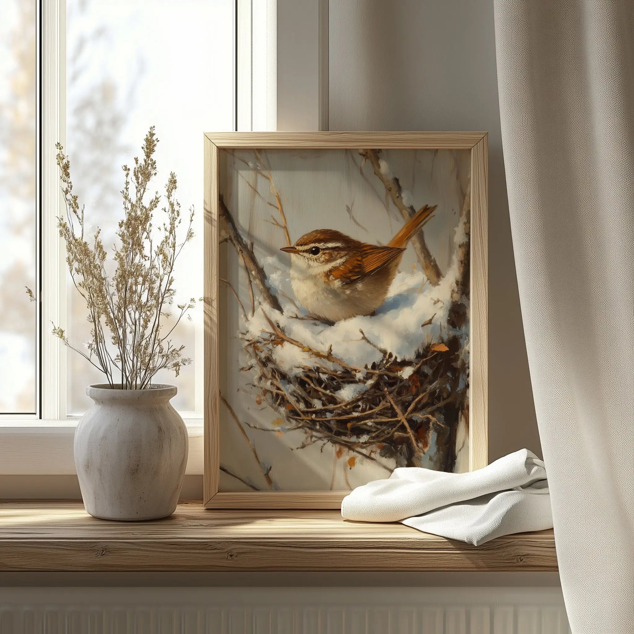 Winter Wren in Snow-Filled Nest Wall Art, Still Life Oil Painting, Peaceful Bird Scene in Bare Winter Tree The VelvetPips Lab