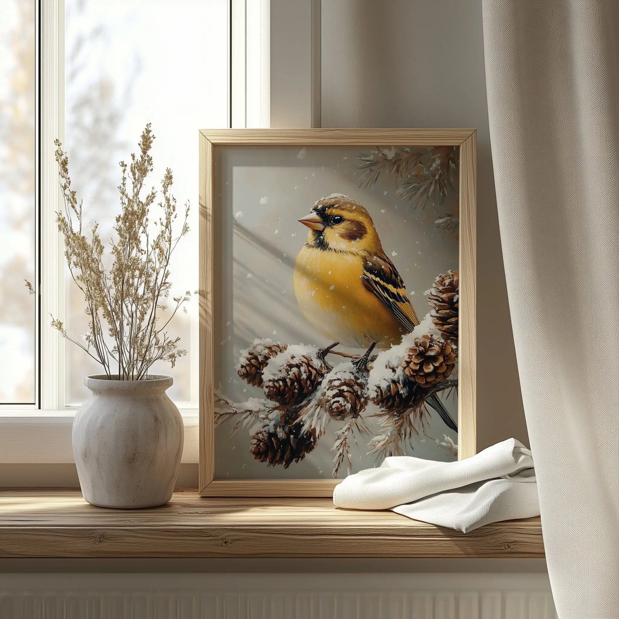 Golden Finch on Frosted Pinecone Branch Wall Art, Winter Still Life Oil Painting, Snowy Nature Scene in Classic Composition The VelvetPips Lab