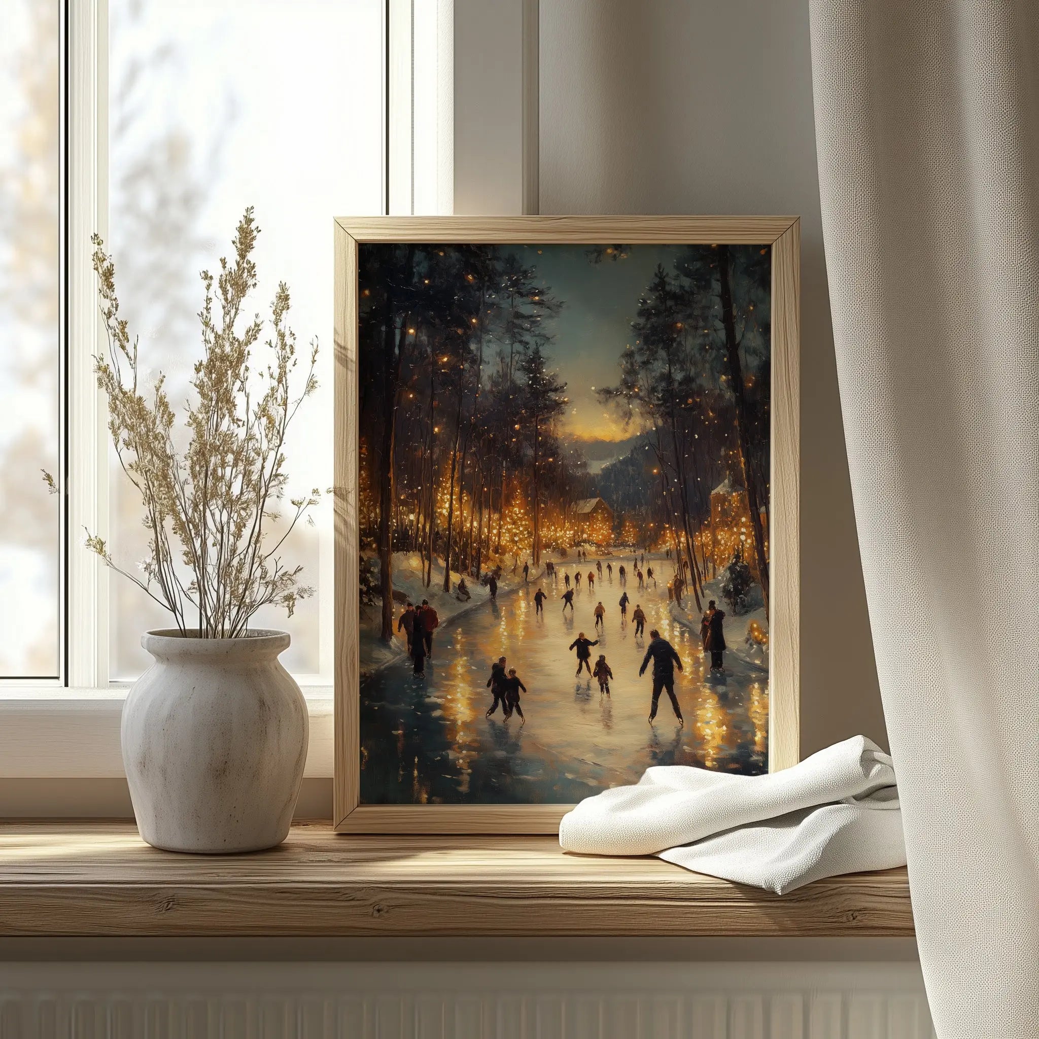 Joyful Families Ice Skating Christmas Wall Art, Winter Holiday Oil Painting, Children Laughing Under Sparkling Lights, Cozy Festive Scene 19 The VelvetPips Lab