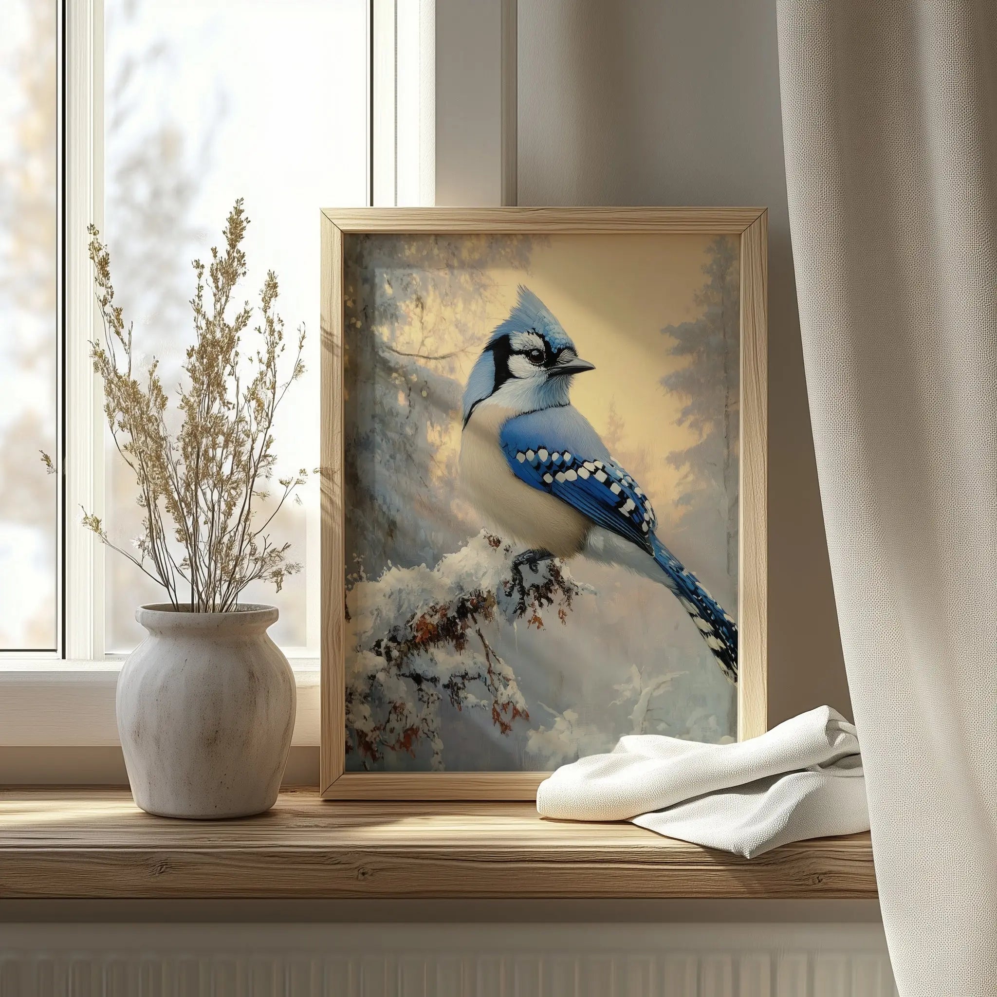 Blue Jay on Frosted Branch Wall Art, Winter Still Life Oil Painting, Snowy Trees and Morning Sky, Cozy Nature Scene The VelvetPips Lab