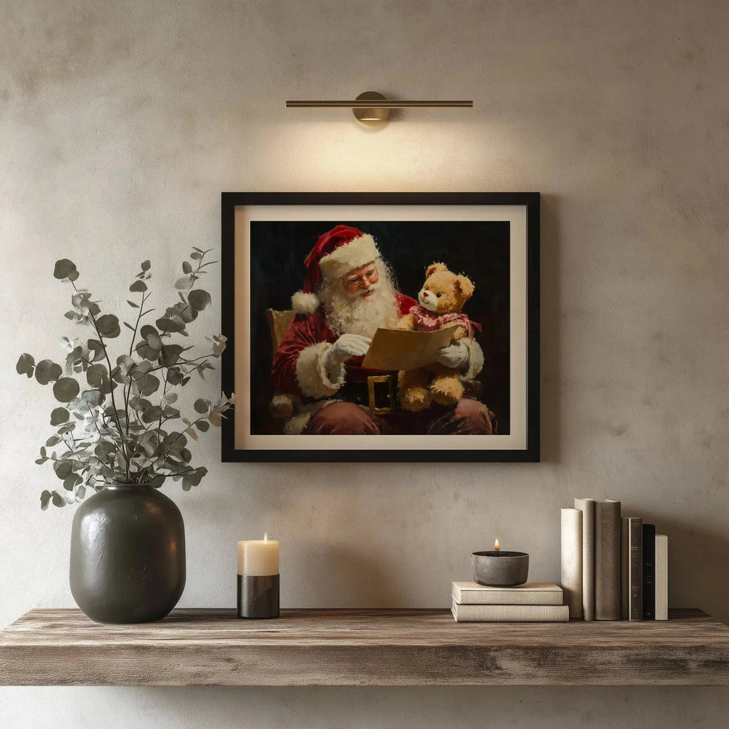 Santa Claus Reading Child’s Letter Wall Art, Horizontal Oil Painting, Christmas Digital Print with Teddy Bear Gift The VelvetPips Lab