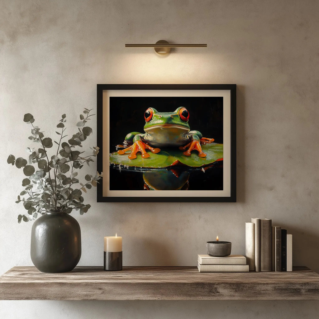 Elegant Frog on Water Lily Wall Art, Oil Painting of Vivid Green Frog with Glowing Highlights, Dramatic Black Background The VelvetPips Lab