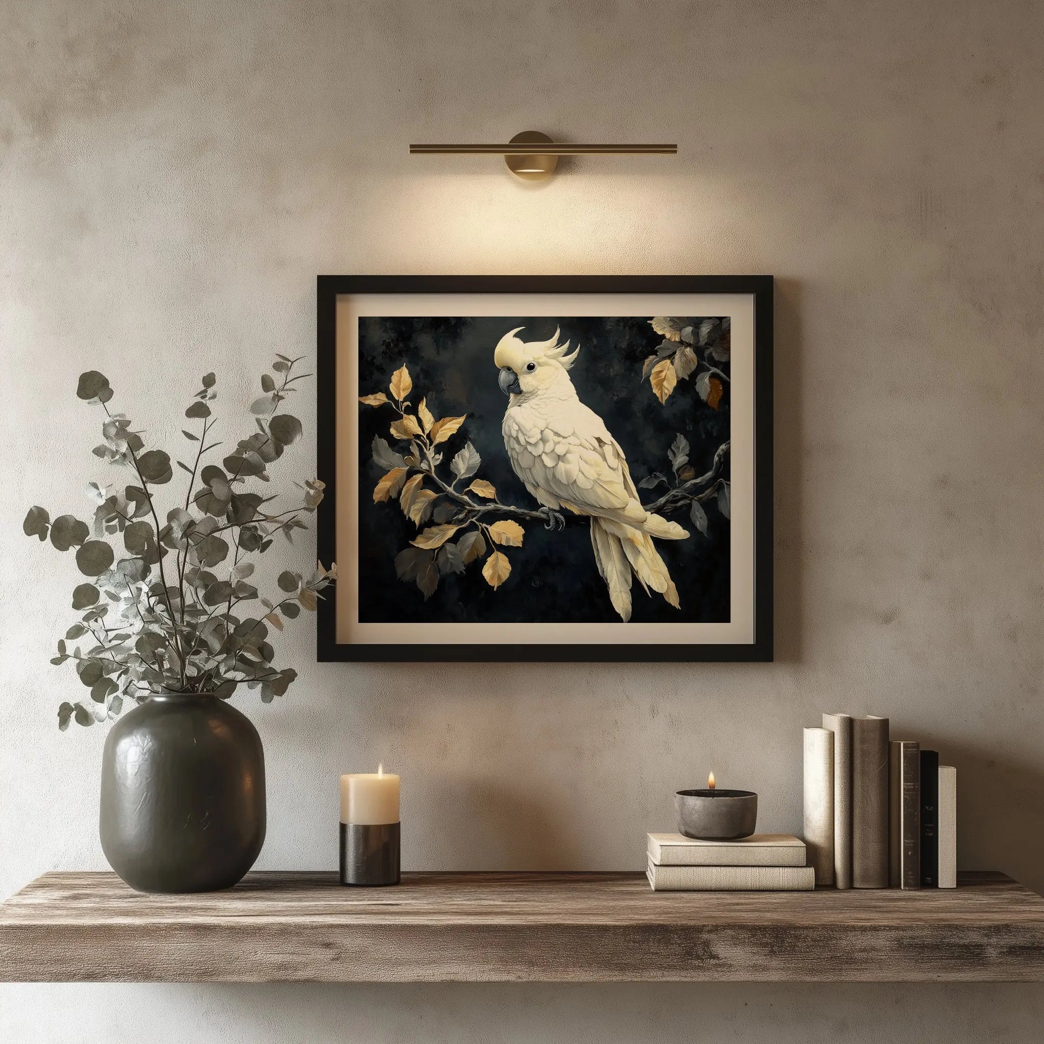 Elegant Cockatoo Wall Art, Oil Painting of White Cockatoo on Leafy Branch, Dramatic Black Background with Soft Highlights The VelvetPips Lab