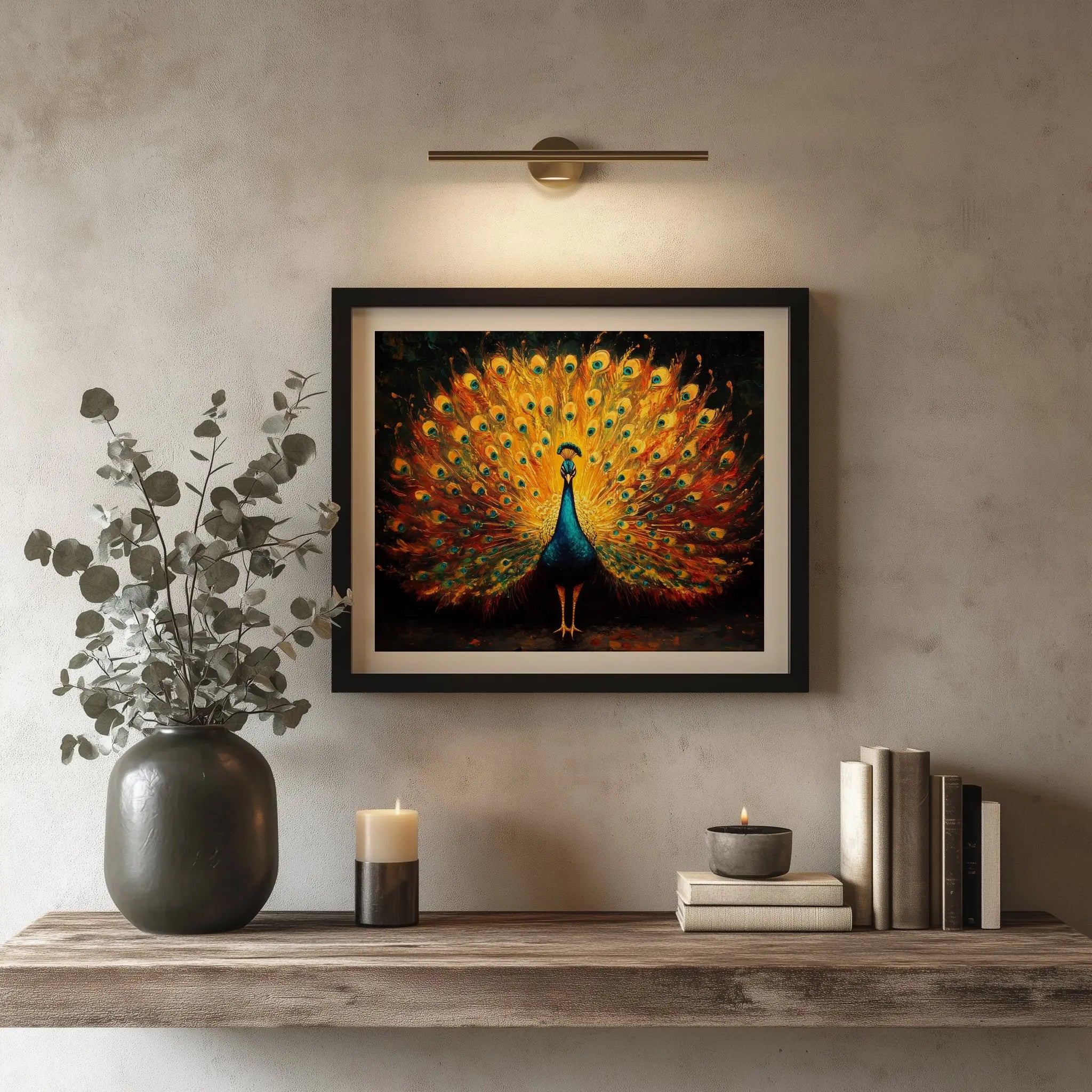 Regal Peacock Wall Art, Oil Painting of Vibrant Plumage Spread, Jewel Tone Feathers with Dramatic Contrast The VelvetPips Lab