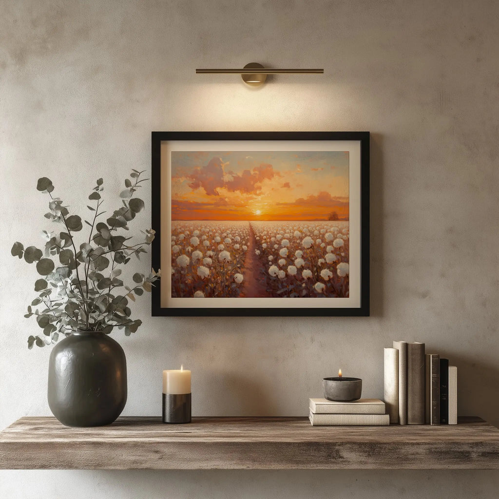 Cotton Field at Sunrise Wall Art, Oil Painting of Glowing Rows of Flowers, Peaceful Morning Landscape in Warm Hues The VelvetPips Lab