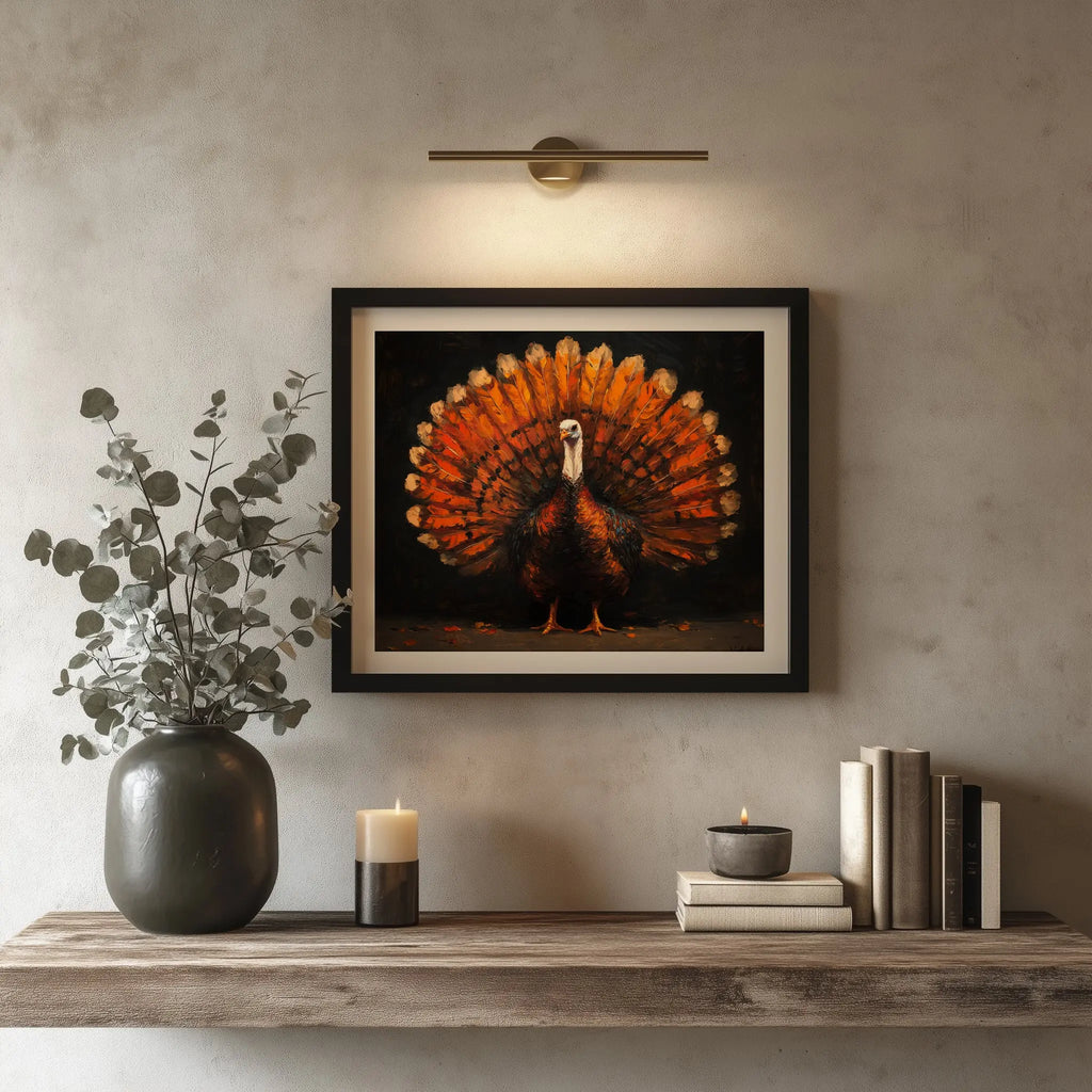 Thanksgiving Turkey Wall Art, Majestic Oil Painting with Full Plumage, Bronze and Gold Feathers in Dramatic Lighting The VelvetPips Lab