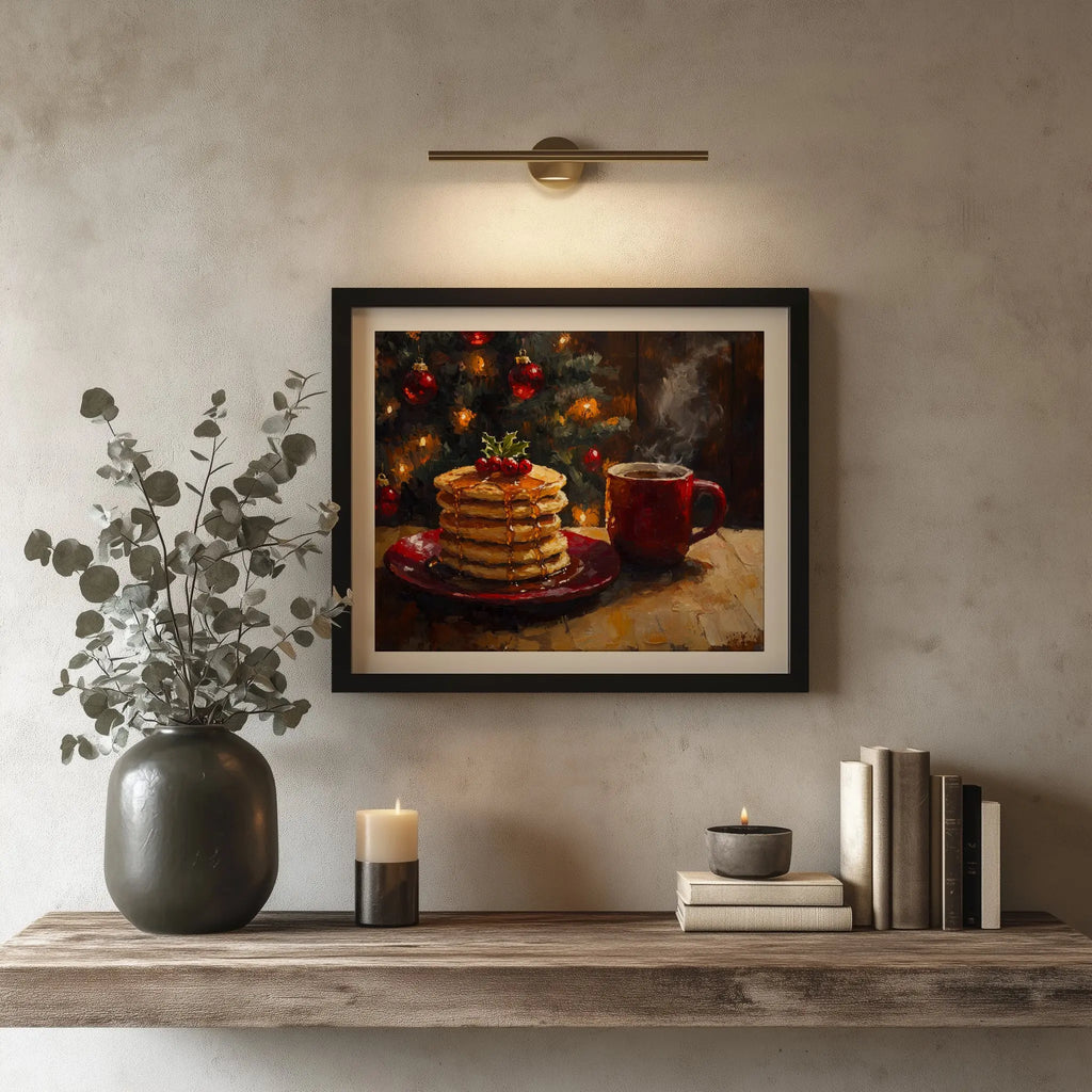 Pancakes with Honey and Coffee Wall Art, Christmas Morning Oil Painting, Cozy Holiday Kitchen Scene The VelvetPips Lab