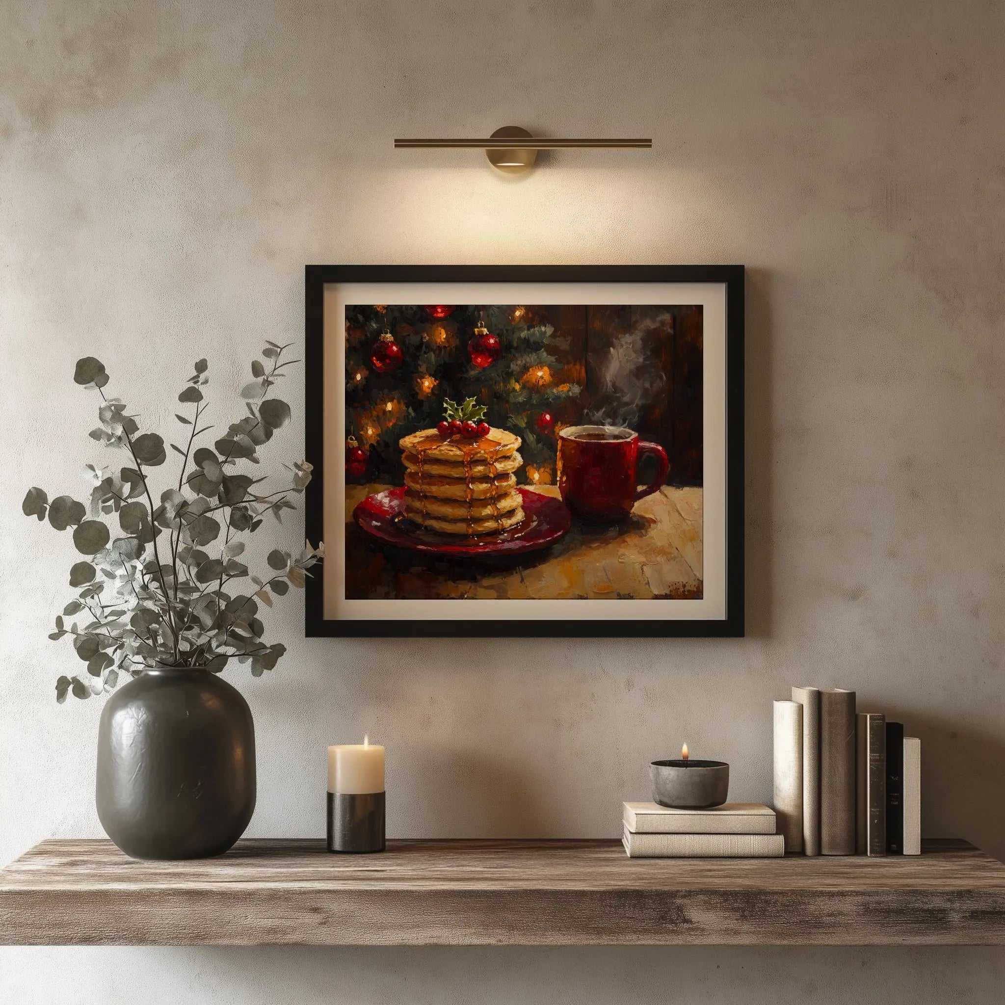Pancakes with Honey and Coffee Wall Art, Christmas Morning Oil Painting, Cozy Holiday Kitchen Scene The VelvetPips Lab