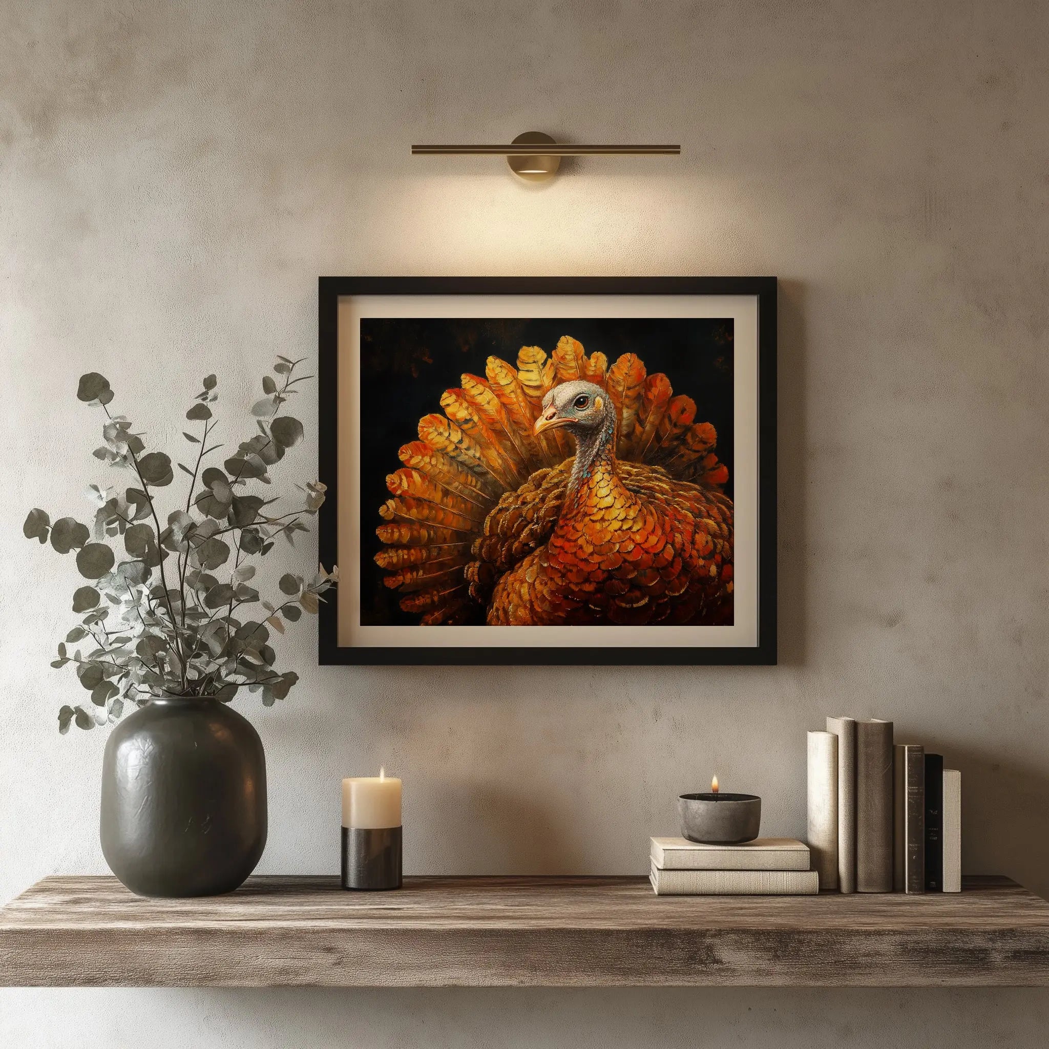 Thanksgiving Turkey Wall Art, Majestic Oil Painting with Golden Feathers, Dramatic Cinematic Lighting on Black Background The VelvetPips Lab