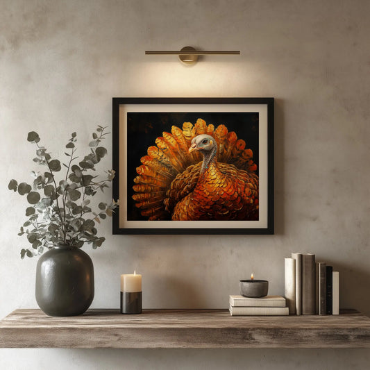 Thanksgiving Turkey Wall Art, Majestic Oil Painting with Golden Feathers, Dramatic Cinematic Lighting on Black Background The VelvetPips Lab