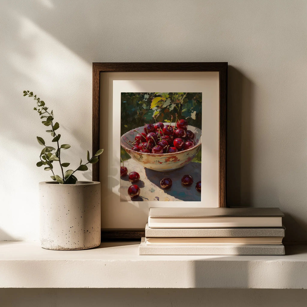 Cherries in Ceramic Bowl Wall Art, Still Life Oil Painting, Rich Crimson Fruit with Sunlit Glossy Skins The VelvetPips Lab