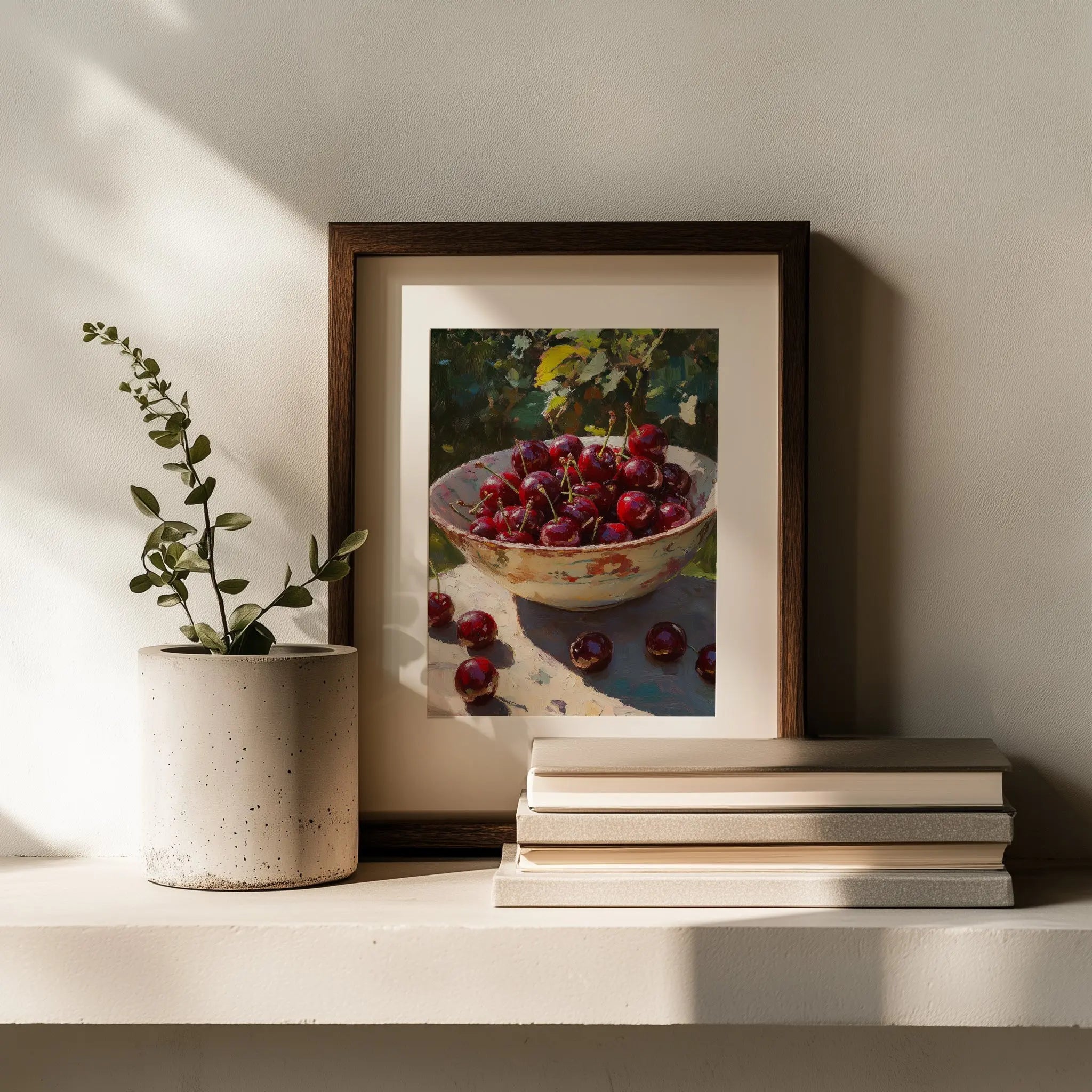 Cherries in Ceramic Bowl Wall Art, Still Life Oil Painting, Rich Crimson Fruit with Sunlit Glossy Skins The VelvetPips Lab