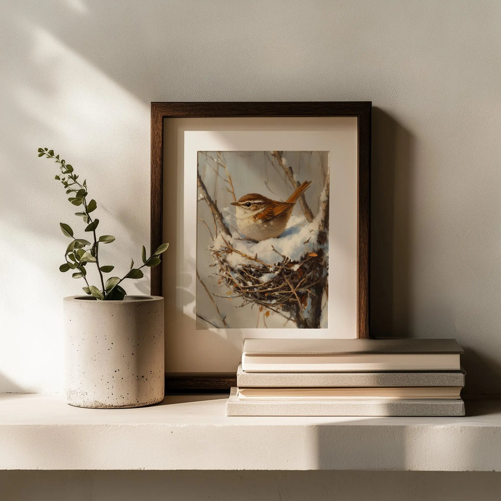Winter Wren in Snow-Filled Nest Wall Art, Still Life Oil Painting, Peaceful Bird Scene in Bare Winter Tree The VelvetPips Lab