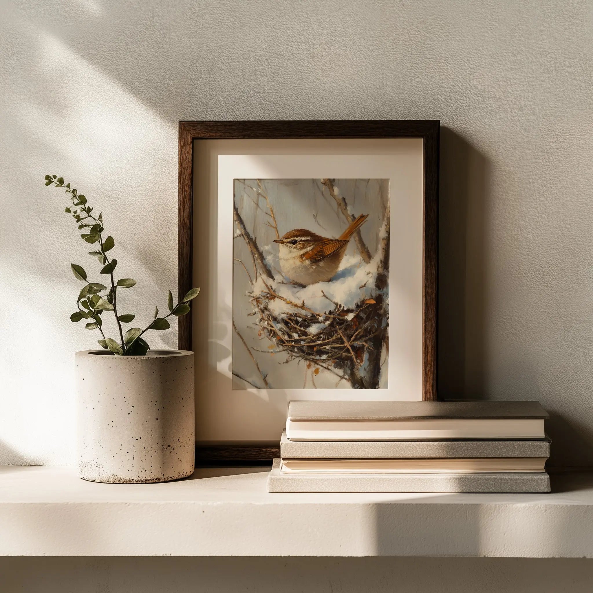 Winter Wren in Snow-Filled Nest Wall Art, Still Life Oil Painting, Peaceful Bird Scene in Bare Winter Tree The VelvetPips Lab