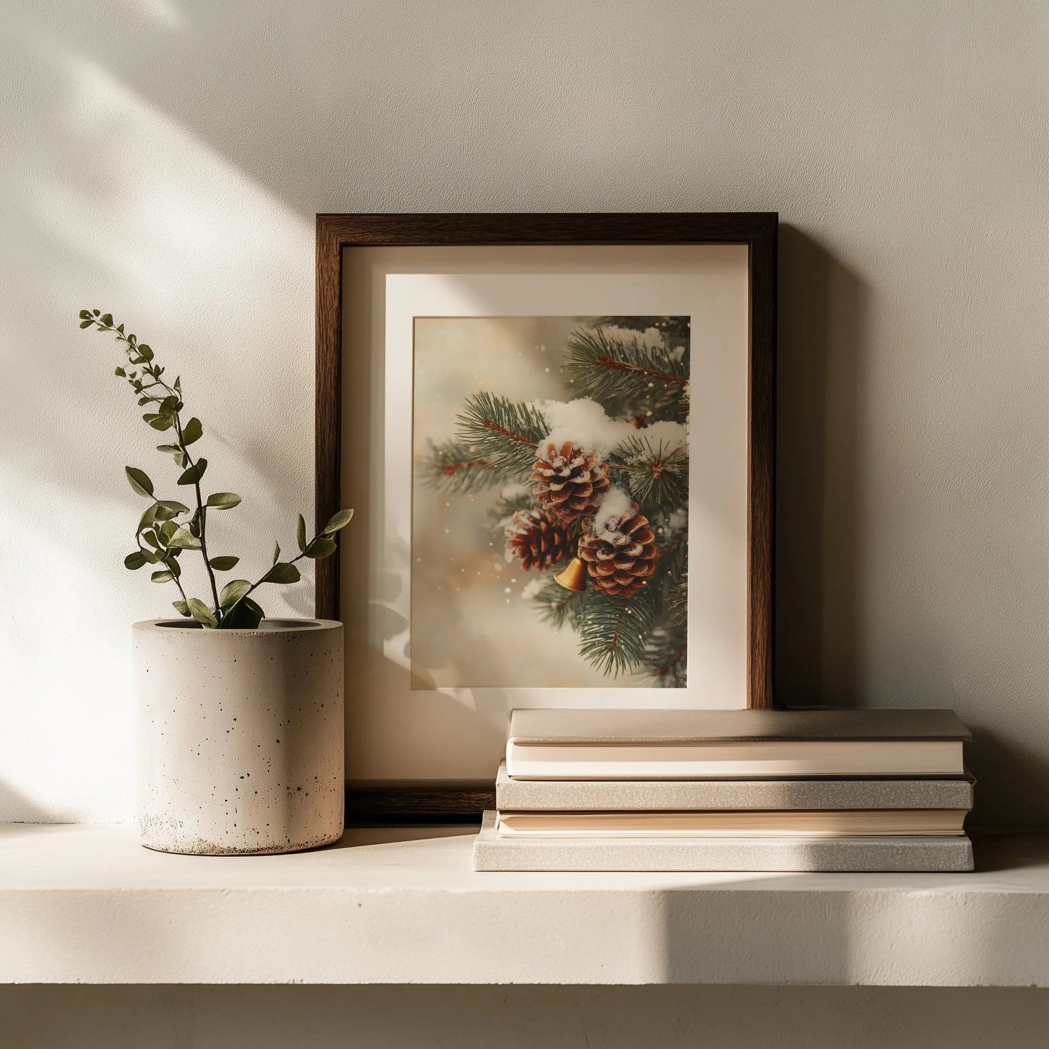 Fir Branch with Snow and Pinecones Christmas Wall Art, Vintage Holiday Oil Painting, Golden Bells and Red Ribbon, Cozy Festive Scene The VelvetPips Lab