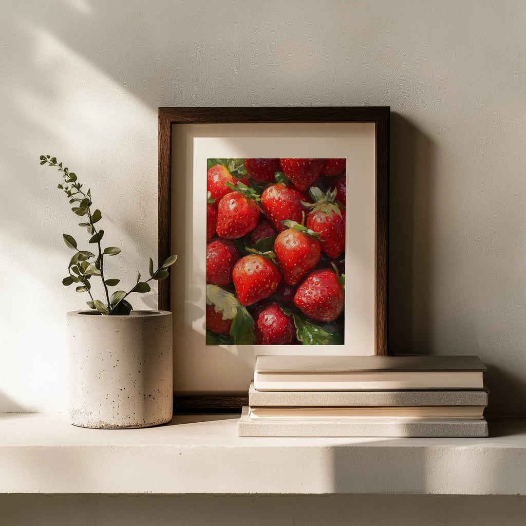 Strawberries Still Life Wall Art, Close-Up Oil Painting of Juicy Red Berries with Summer Light and Lush Shadows The VelvetPips Lab