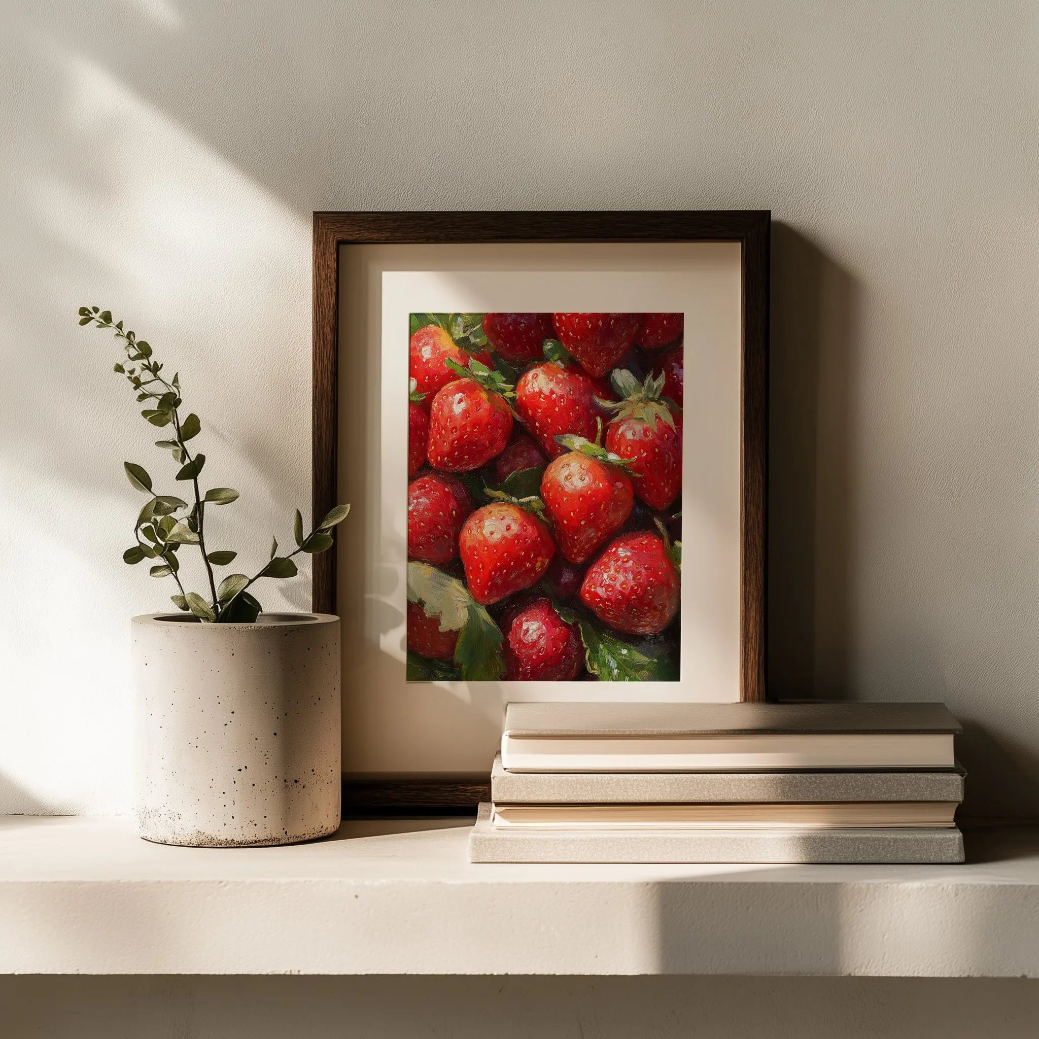 Strawberries Still Life Wall Art, Close-Up Oil Painting of Juicy Red Berries with Summer Light and Lush Shadows The VelvetPips Lab
