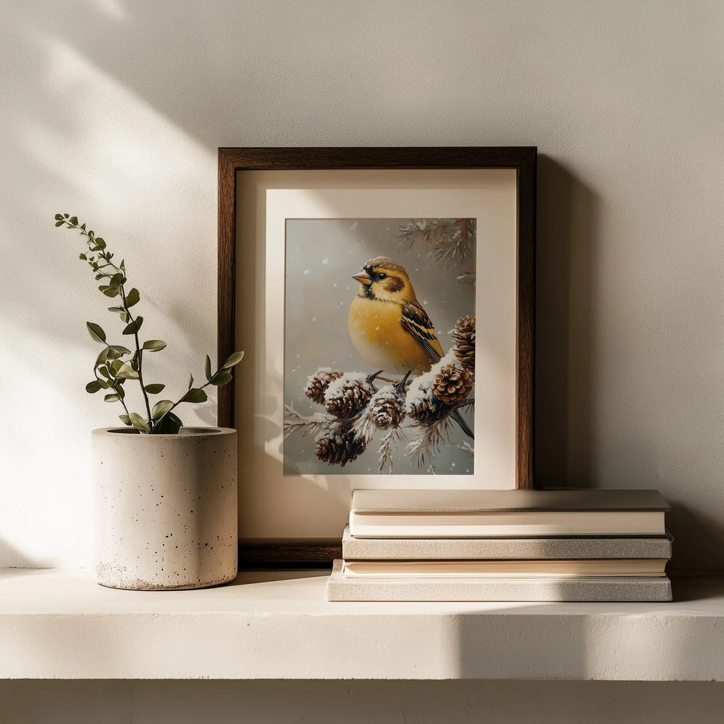 Golden Finch on Frosted Pinecone Branch Wall Art, Winter Still Life Oil Painting, Snowy Nature Scene in Classic Composition The VelvetPips Lab
