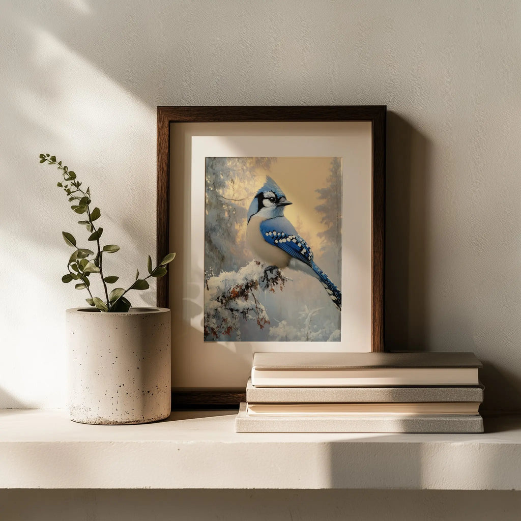 Blue Jay on Frosted Branch Wall Art, Winter Still Life Oil Painting, Snowy Trees and Morning Sky, Cozy Nature Scene The VelvetPips Lab