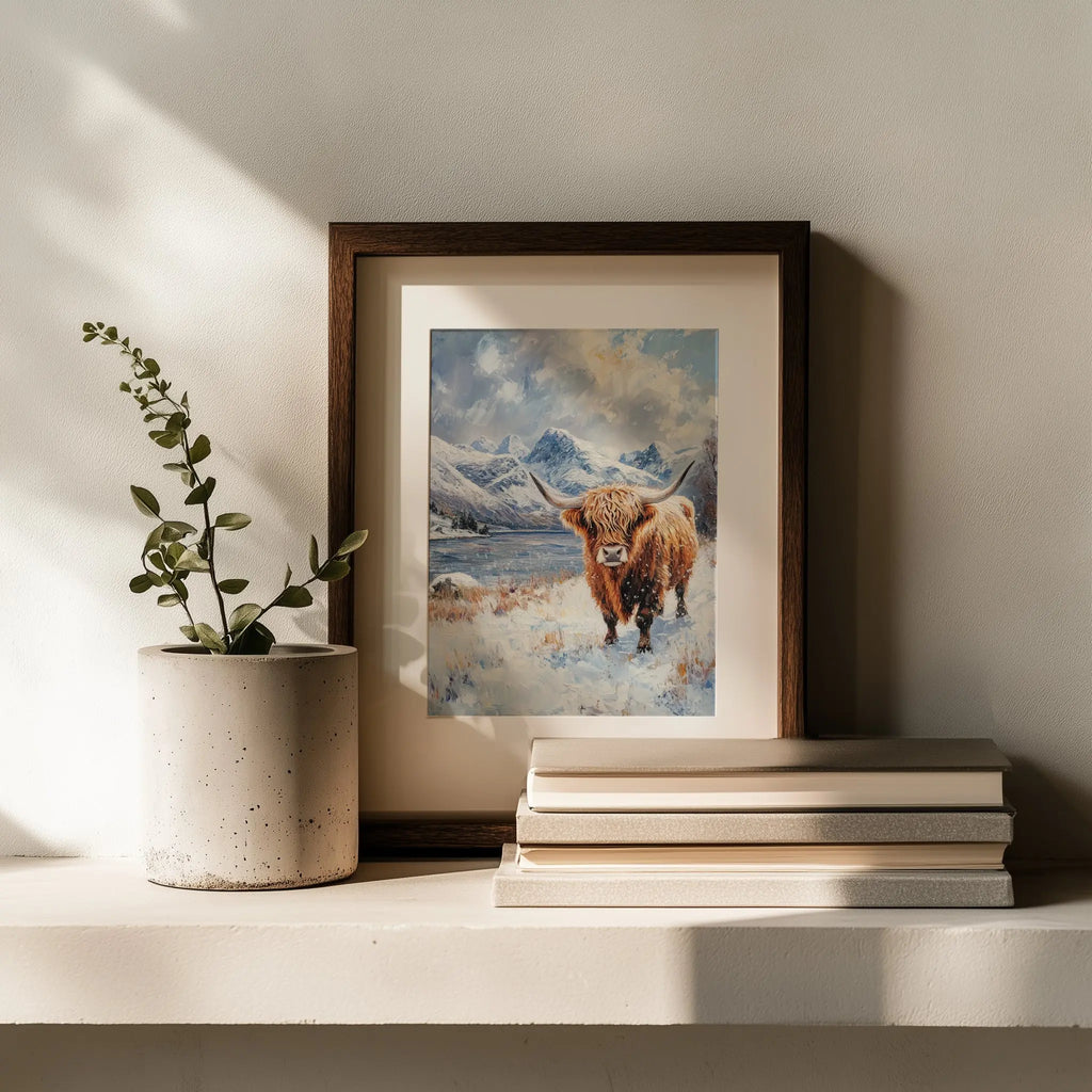 Scottish Highland Cow in Winter Wall Art, Oil Painting of Snowy Meadow and Rugged Mountains, Rustic Farmhouse Animal Print The VelvetPips Lab