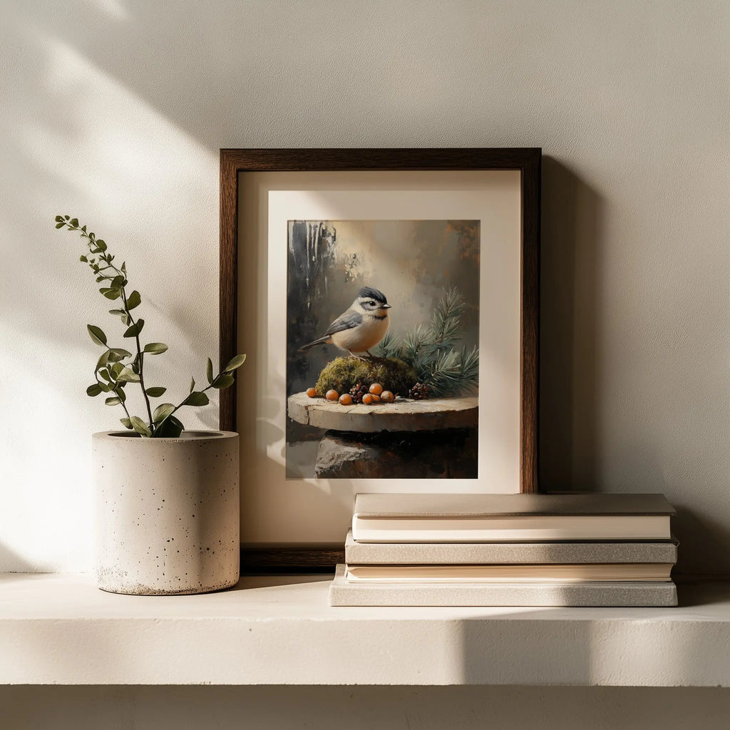 Tufted Titmouse on Mossy Stones Wall Art, Winter Still Life Oil Painting, Sunlit Evergreen Sprigs, Cozy Nature Scene The VelvetPips Lab