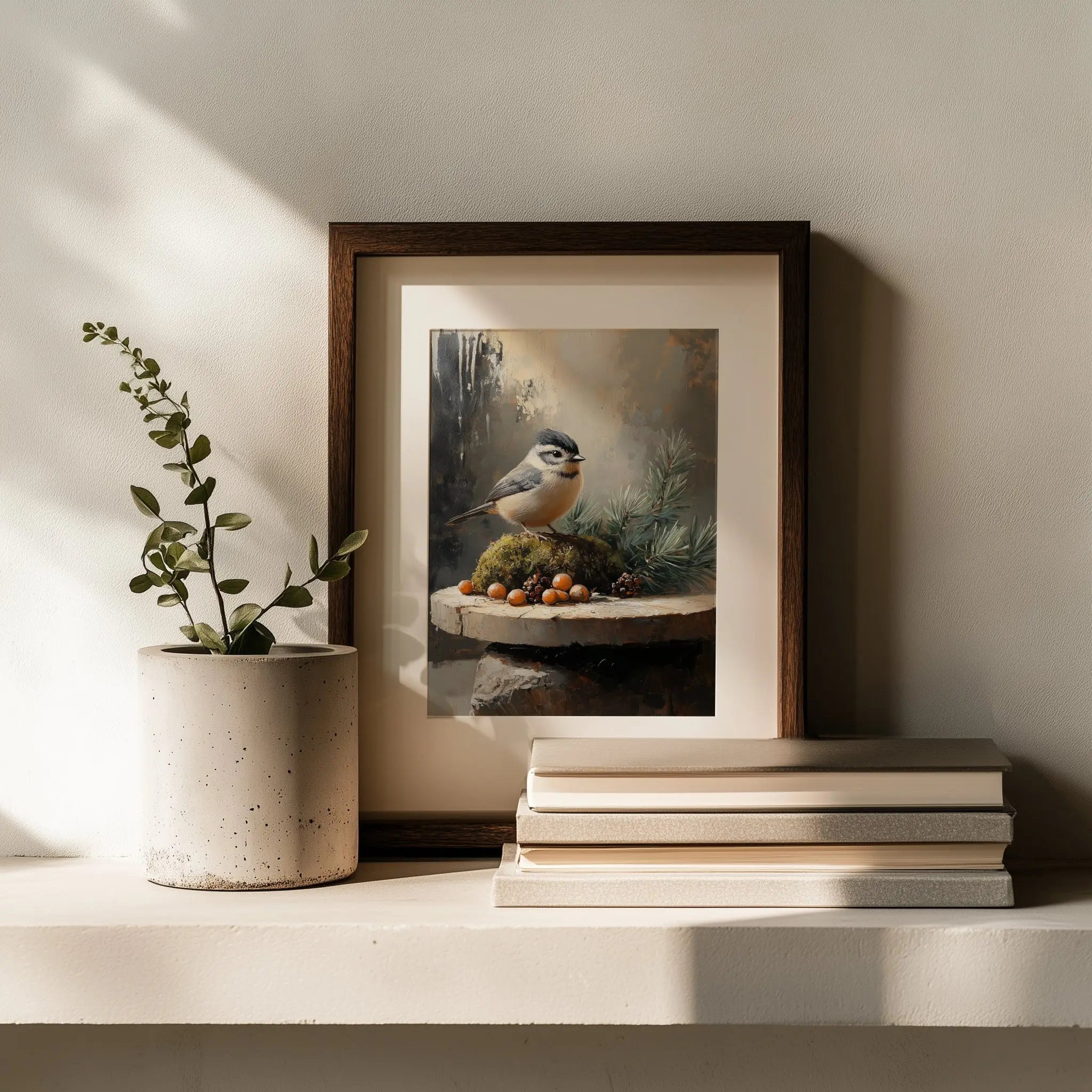 Tufted Titmouse on Mossy Stones Wall Art, Winter Still Life Oil Painting, Sunlit Evergreen Sprigs, Cozy Nature Scene The VelvetPips Lab