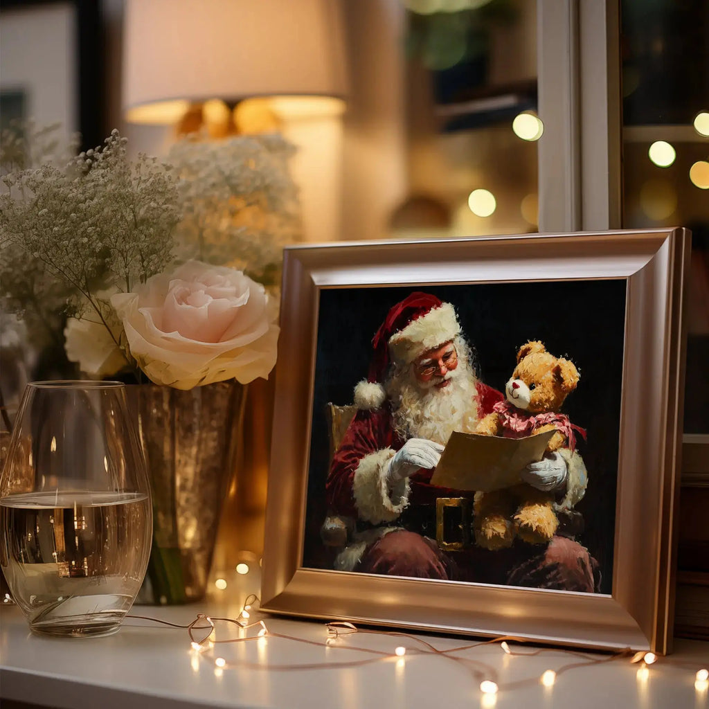 Santa Claus Reading Child’s Letter Wall Art, Horizontal Oil Painting, Christmas Digital Print with Teddy Bear Gift The VelvetPips Lab