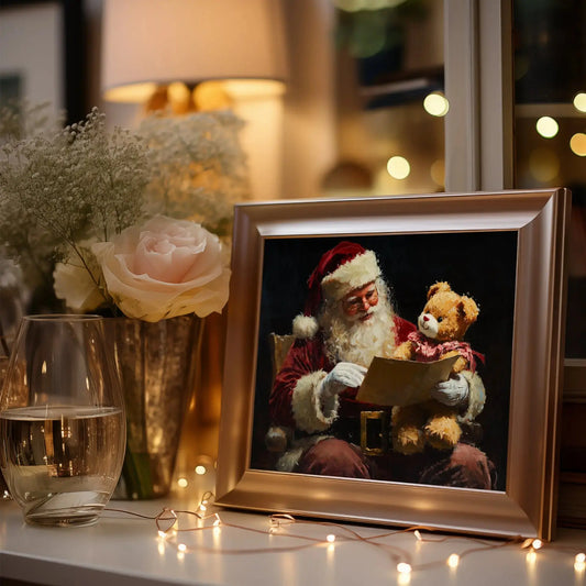 Santa Claus Reading Child’s Letter Wall Art, Horizontal Oil Painting, Christmas Digital Print with Teddy Bear Gift The VelvetPips Lab