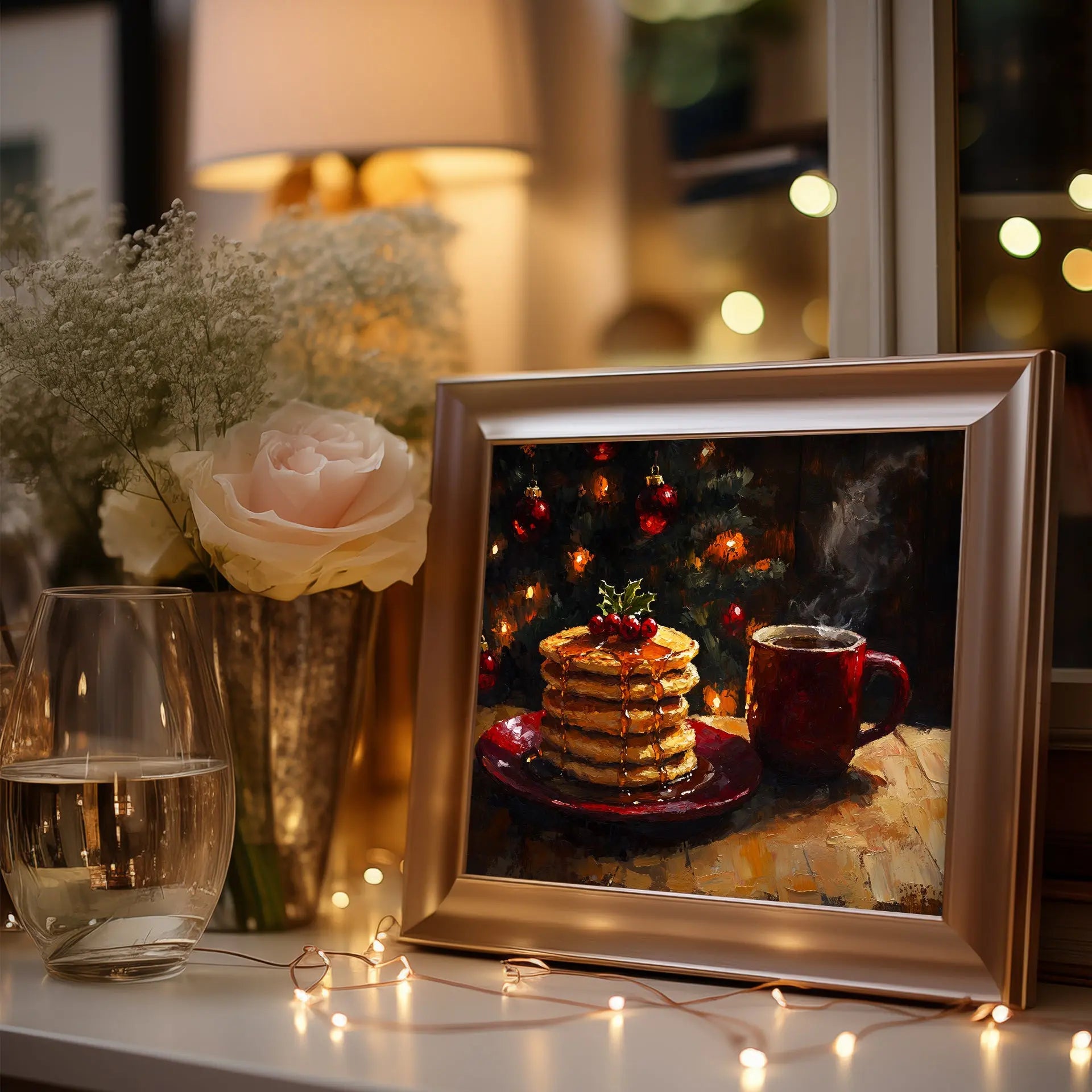 Pancakes with Honey and Coffee Wall Art, Christmas Morning Oil Painting, Cozy Holiday Kitchen Scene The VelvetPips Lab