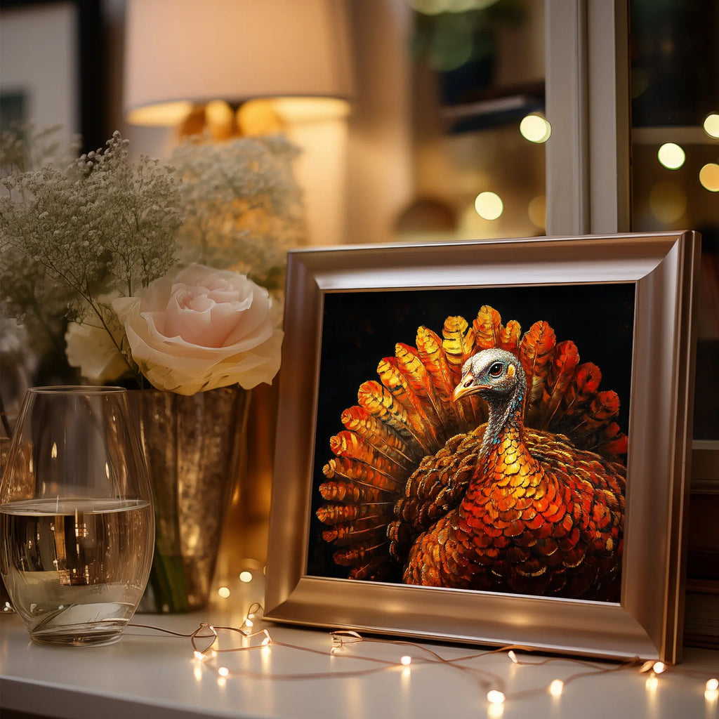 Thanksgiving Turkey Wall Art, Majestic Oil Painting with Golden Feathers, Dramatic Cinematic Lighting on Black Background The VelvetPips Lab