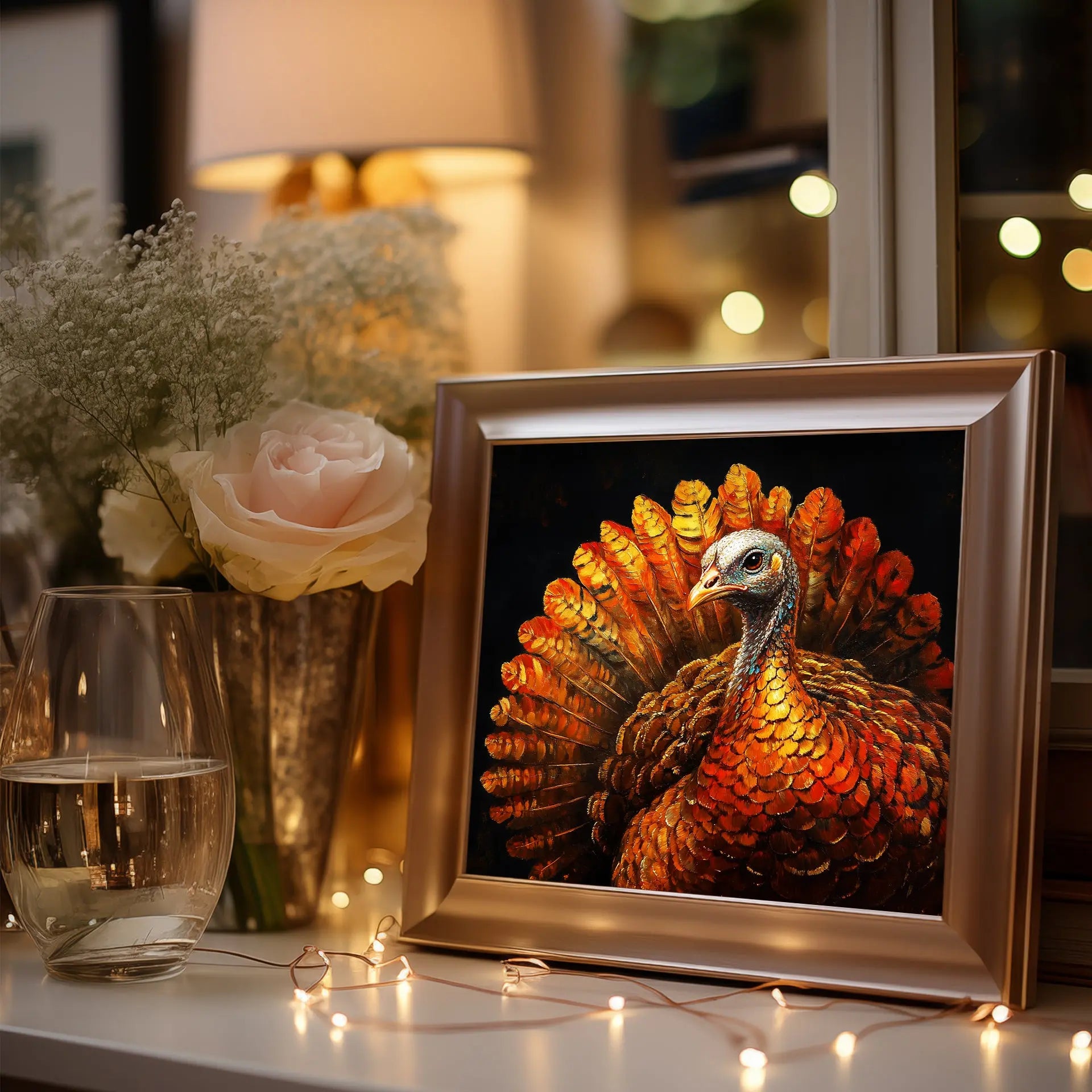 Thanksgiving Turkey Wall Art, Majestic Oil Painting with Golden Feathers, Dramatic Cinematic Lighting on Black Background The VelvetPips Lab