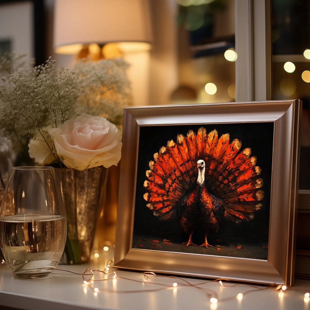 Thanksgiving Turkey Wall Art, Majestic Oil Painting with Full Plumage, Bronze and Gold Feathers in Dramatic Lighting The VelvetPips Lab