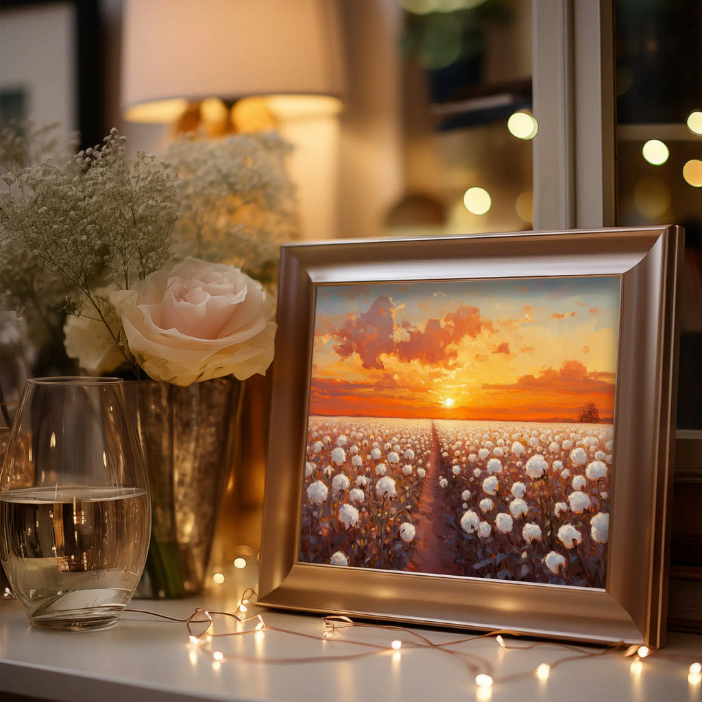 Cotton Field at Sunrise Wall Art, Oil Painting of Glowing Rows of Flowers, Peaceful Morning Landscape in Warm Hues The VelvetPips Lab