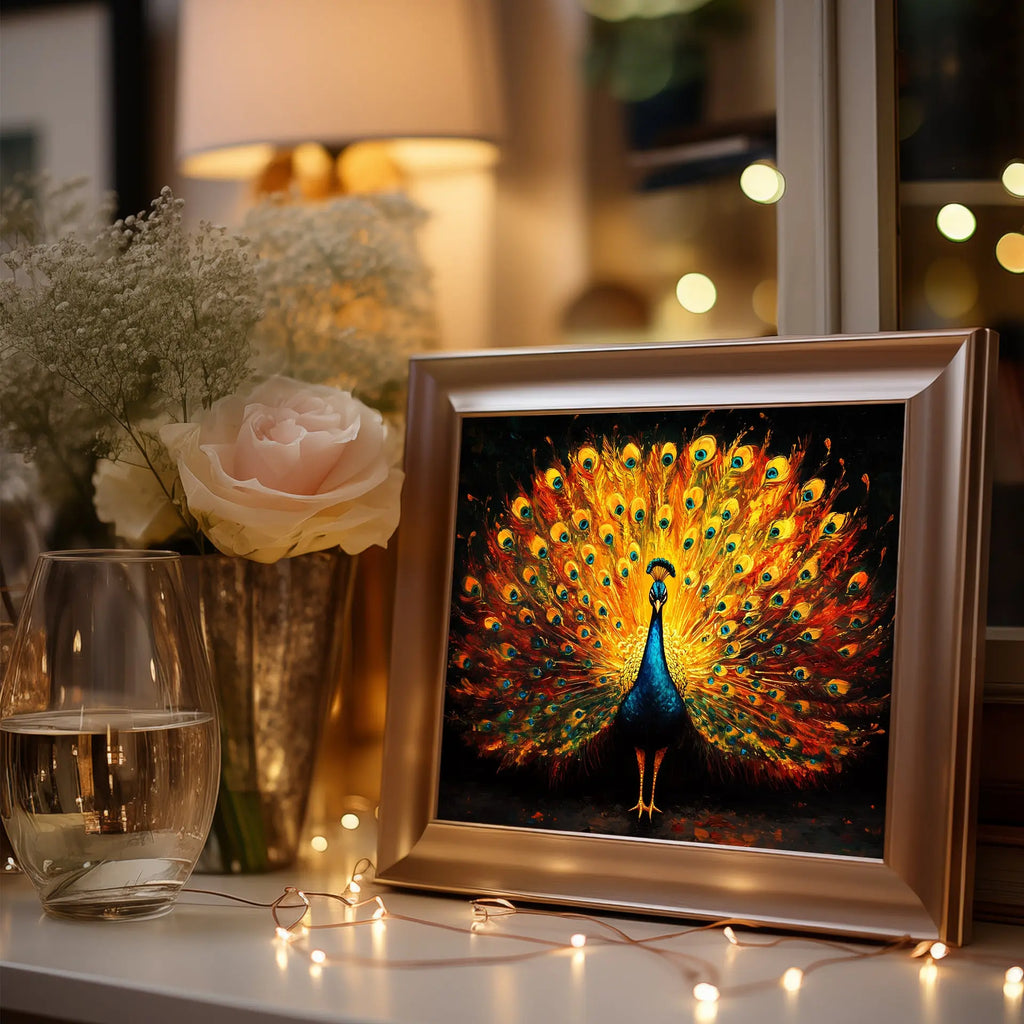 Regal Peacock Wall Art, Oil Painting of Vibrant Plumage Spread, Jewel Tone Feathers with Dramatic Contrast The VelvetPips Lab
