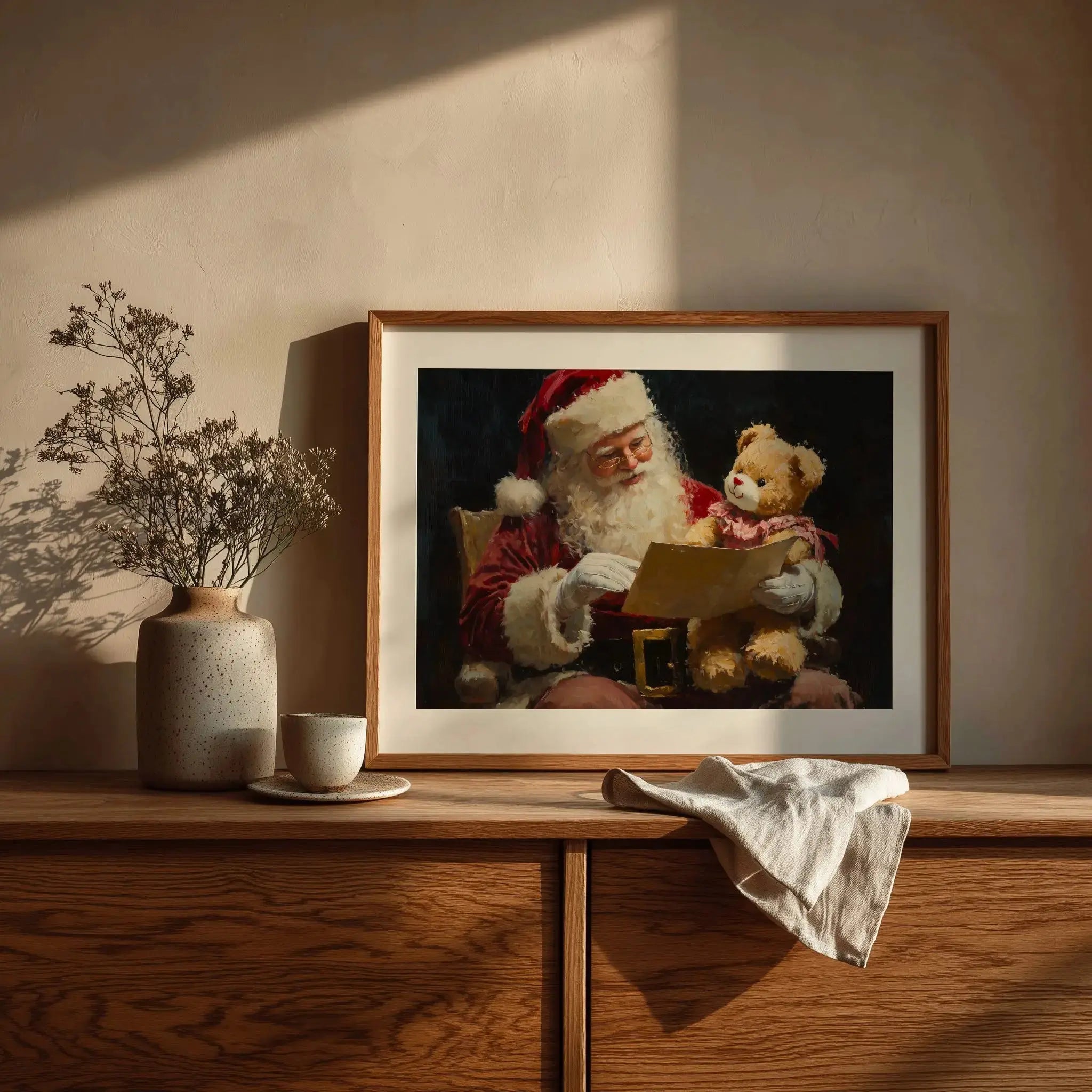 Santa Claus Reading Child’s Letter Wall Art, Horizontal Oil Painting, Christmas Digital Print with Teddy Bear Gift The VelvetPips Lab