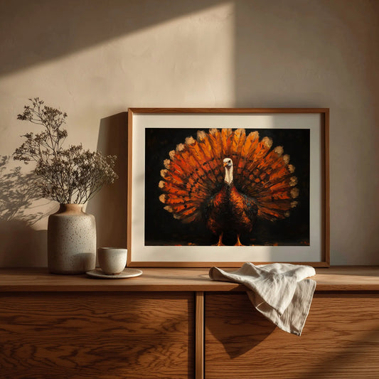 Thanksgiving Turkey Wall Art, Majestic Oil Painting with Full Plumage, Bronze and Gold Feathers in Dramatic Lighting The VelvetPips Lab